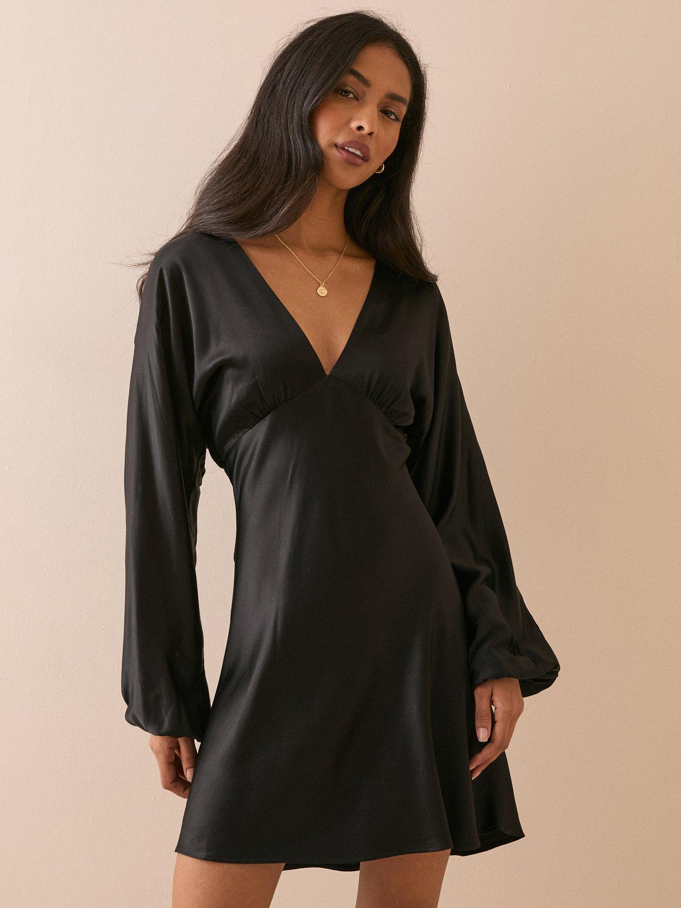 Image 4 of 5 of Nobodys Child Womens Allura Satin-Look V-Neck Blouson Sleeve Mini Dress - Black
