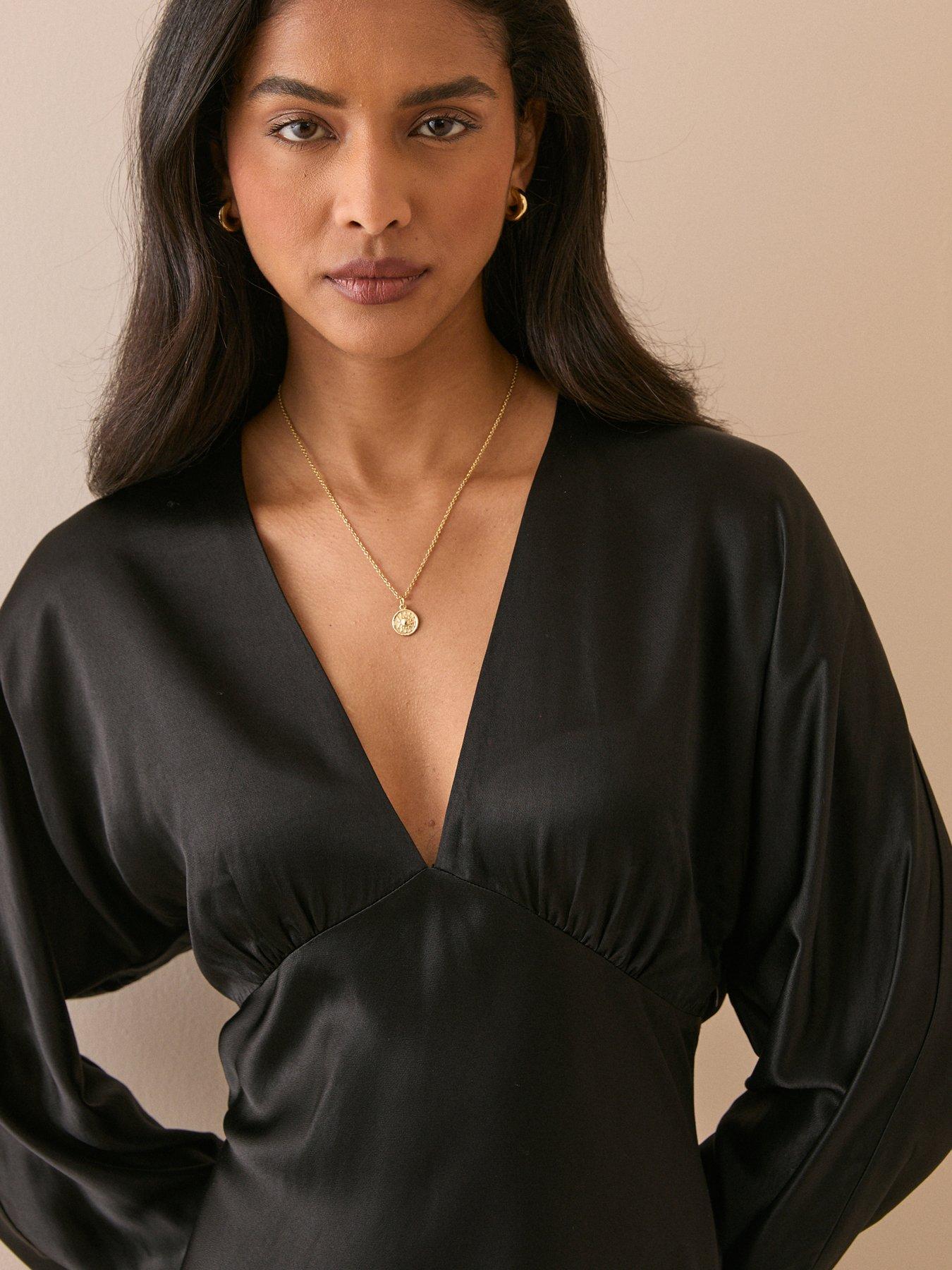 Image 5 of 5 of Nobodys Child Womens Allura Satin-Look V-Neck Blouson Sleeve Mini Dress - Black