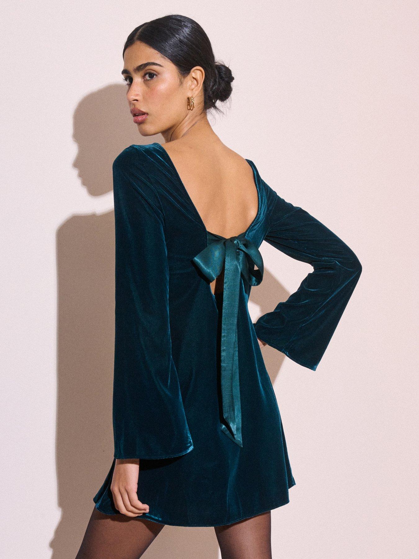 Image 2 of 5 of Nobodys Child Womens Joelle Velvet-Look Low Back Bow Mini Dress - Green