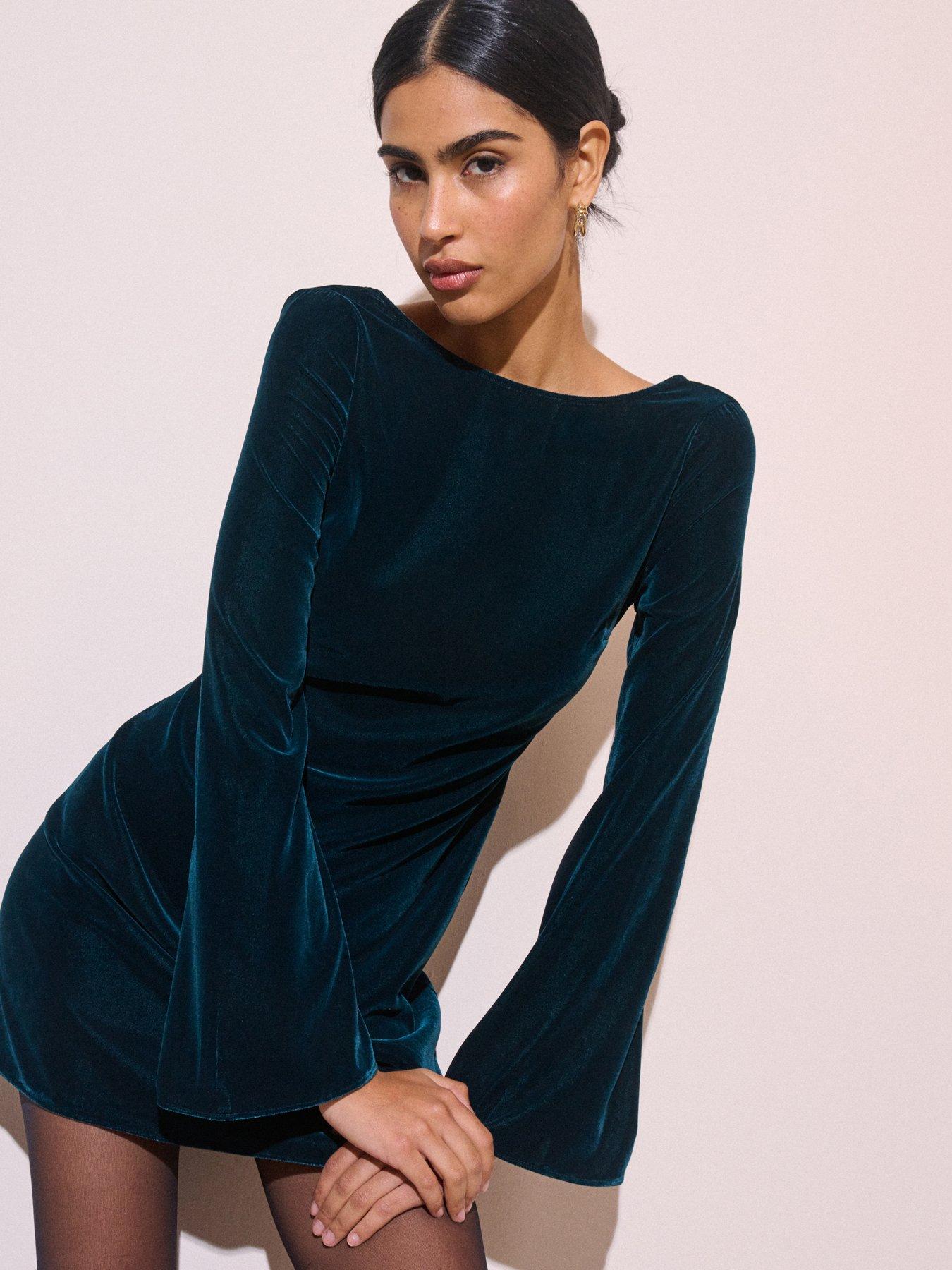 Image 4 of 5 of Nobodys Child Womens Joelle Velvet-Look Low Back Bow Mini Dress - Green