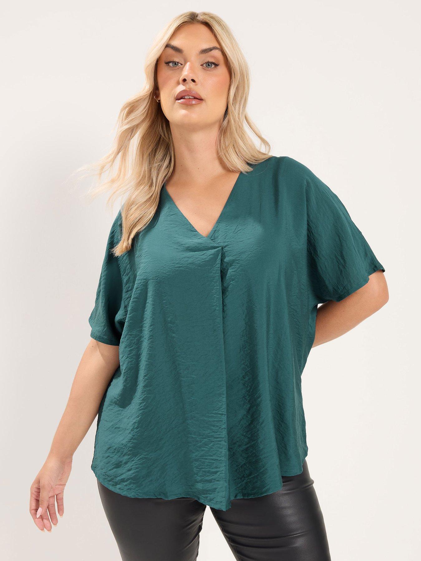 Yours Curve V Neck Grown On Sleeve Top - Blue