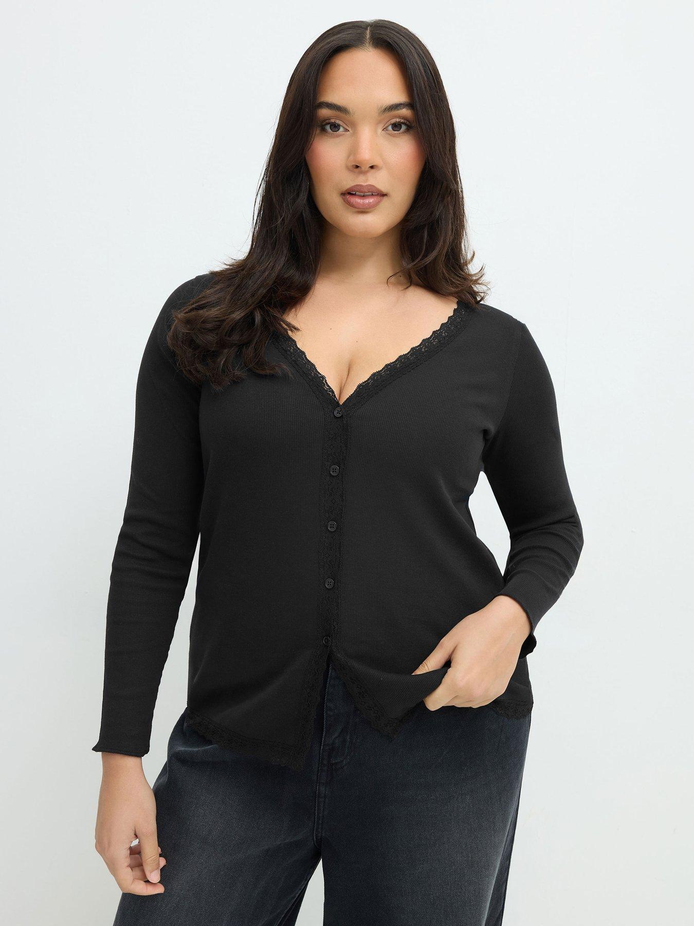 Image 1 of 4 of Yours Womens Curve Lace Trim Rib Button Through Blouse - Black