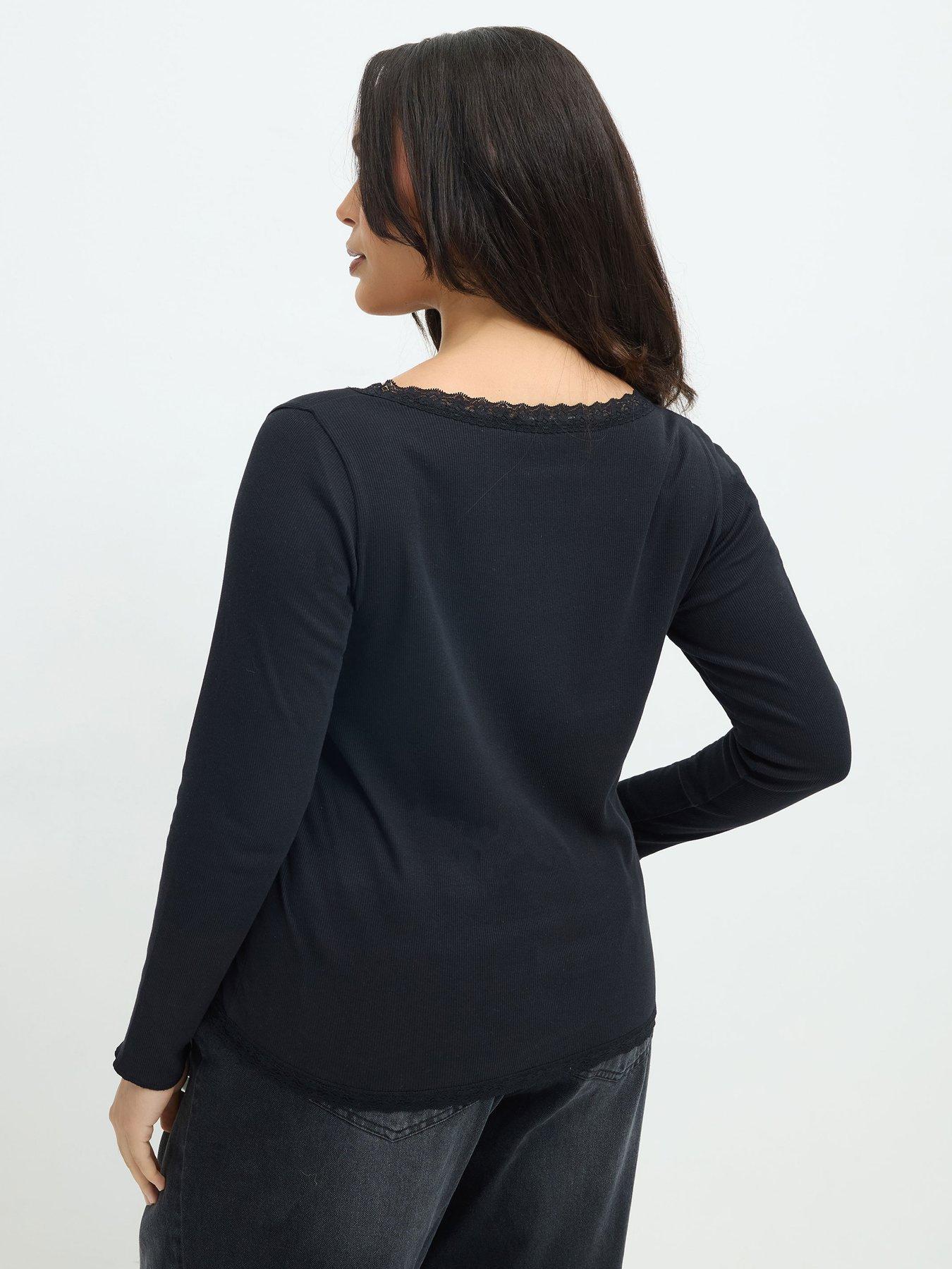 Image 2 of 4 of Yours Womens Curve Lace Trim Rib Button Through Blouse - Black