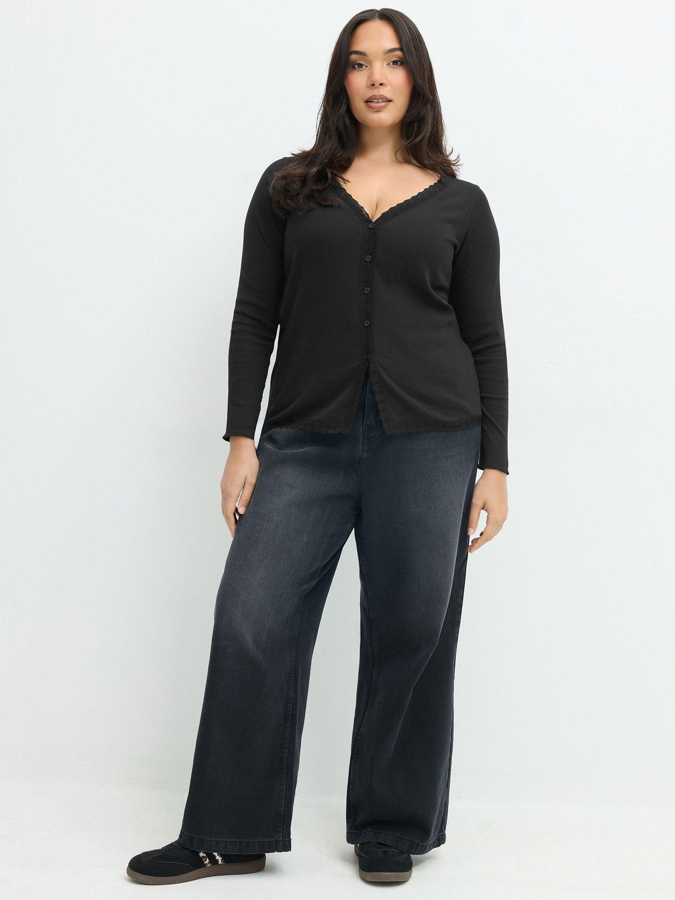 Image 3 of 4 of Yours Womens Curve Lace Trim Rib Button Through Blouse - Black