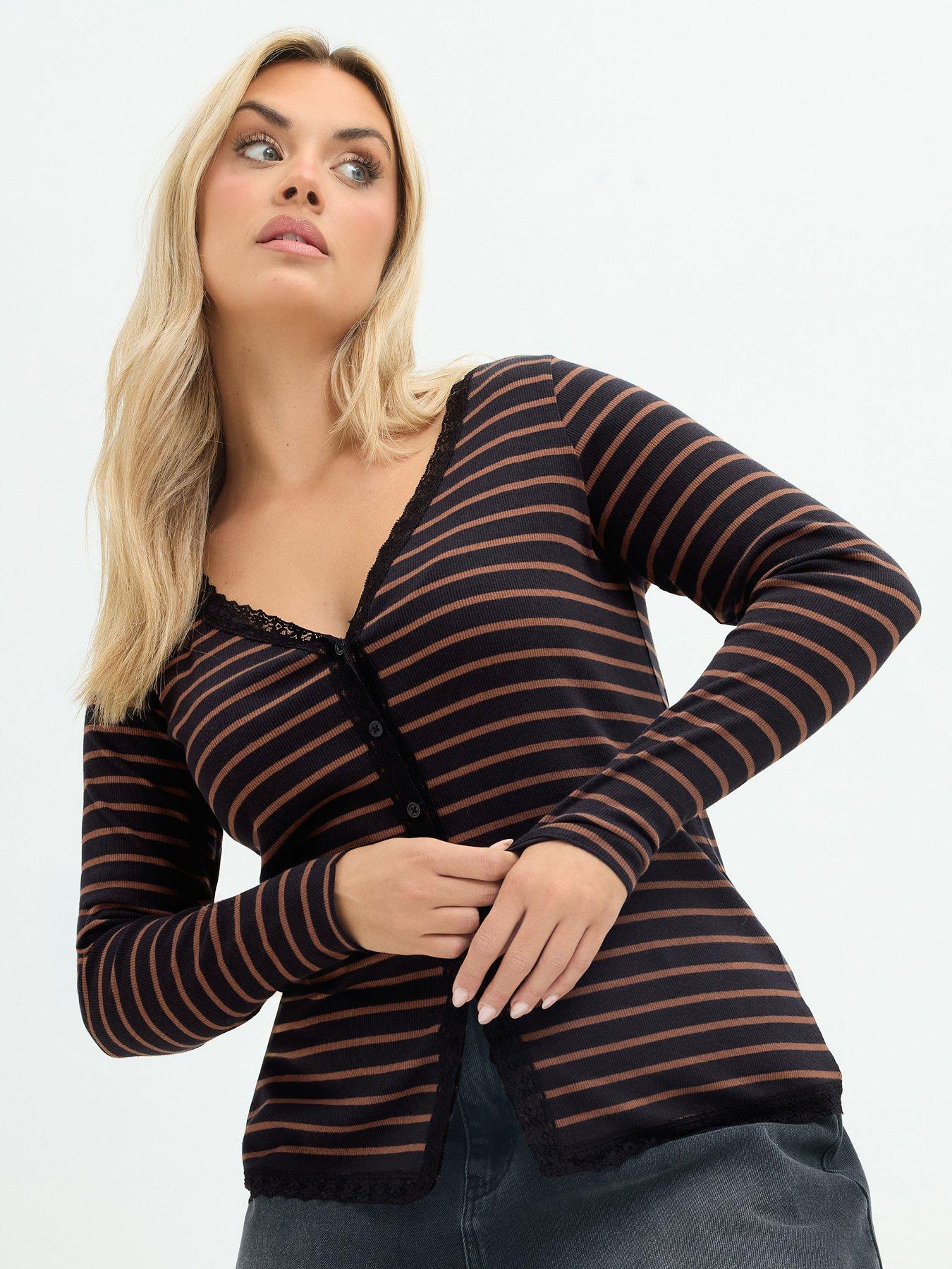 Image 1 of 4 of Yours Womens Curve Lace Trim V-Neck Button Front Blouse - Brown