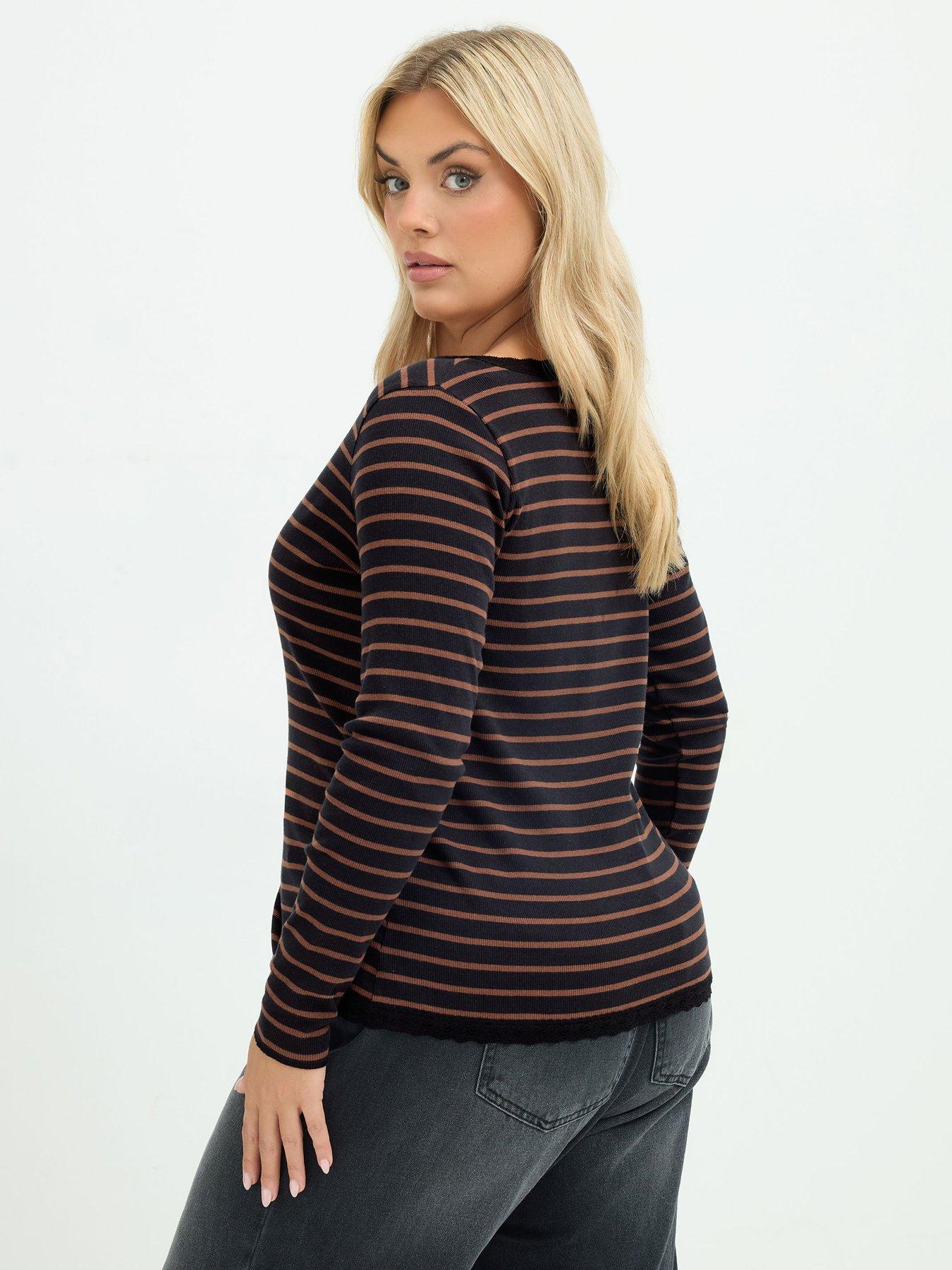 Image 2 of 4 of Yours Womens Curve Lace Trim V-Neck Button Front Blouse - Brown