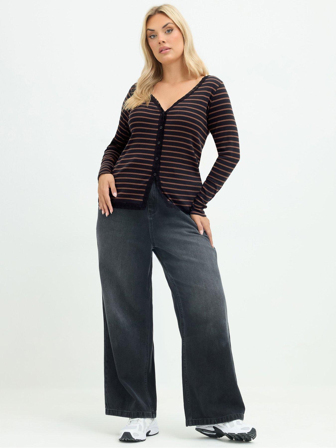 Image 3 of 4 of Yours Womens Curve Lace Trim V-Neck Button Front Blouse - Brown