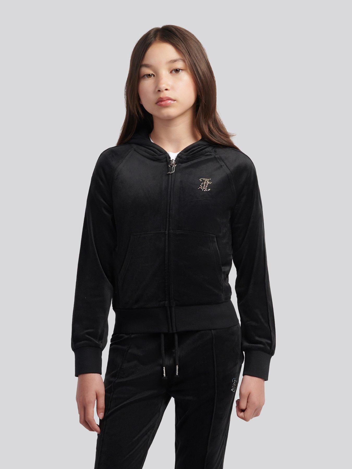 Image 1 of 5 of Juicy Couture Girls Velour Pintuck Diamante Zip Through Hoodie - Black