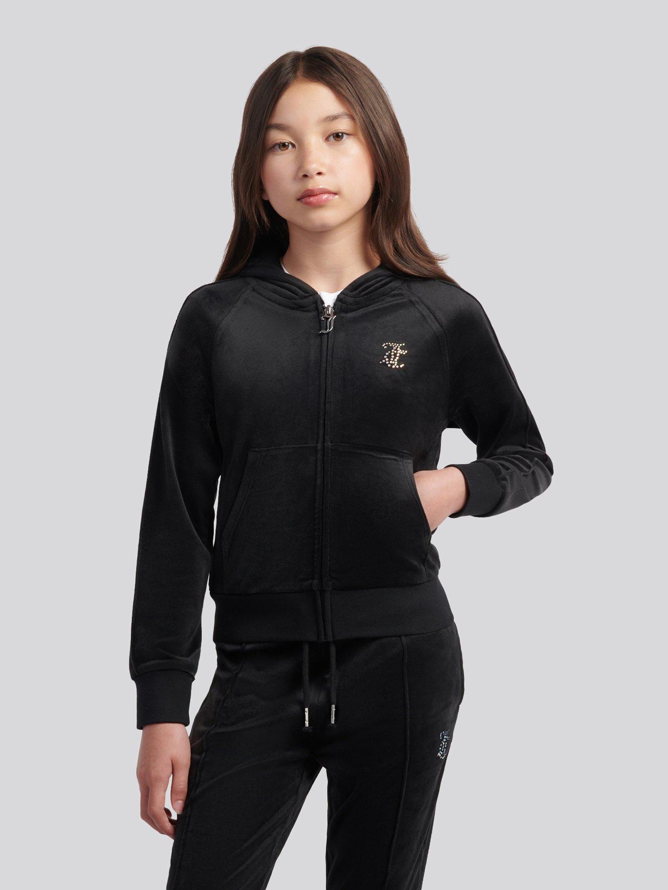 Image 3 of 5 of Juicy Couture Girls Velour Pintuck Diamante Zip Through Hoodie - Black