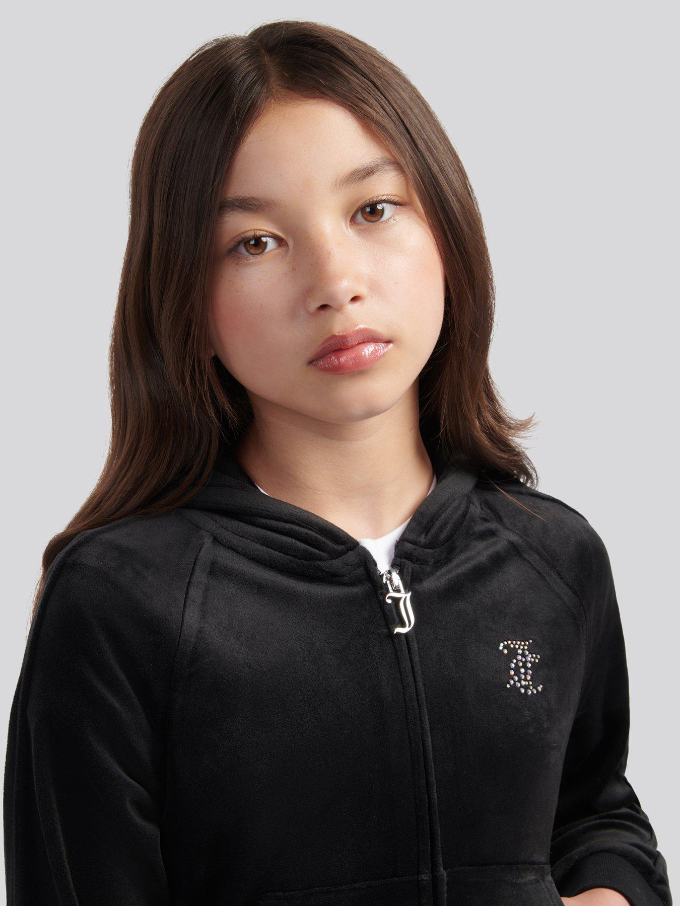 Image 4 of 5 of Juicy Couture Girls Velour Pintuck Diamante Zip Through Hoodie - Black