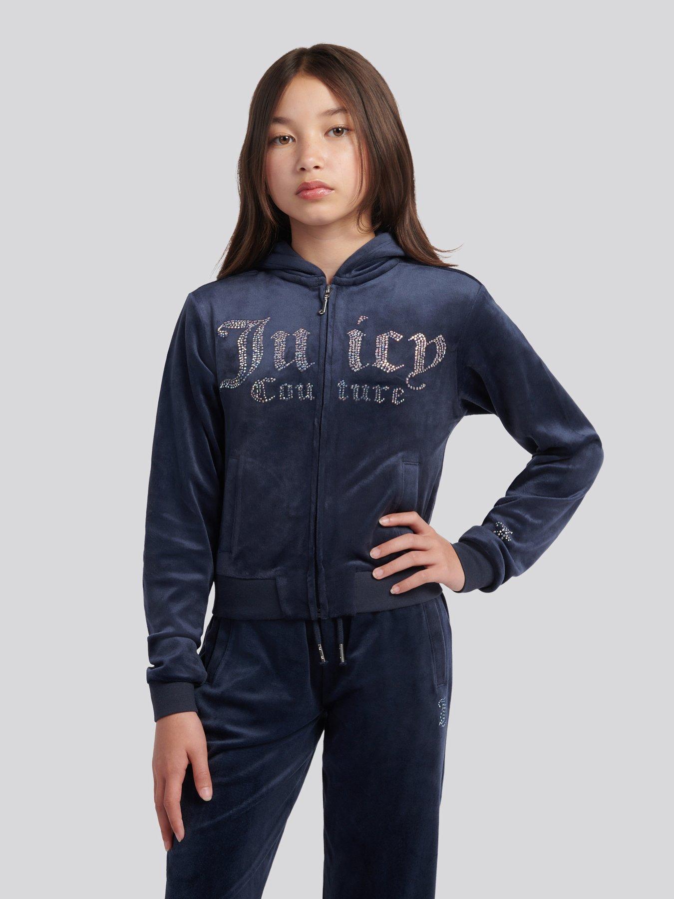 Image 1 of 4 of Juicy Couture Girls Velour Front Diamante Zip Through Hoodie - Navy