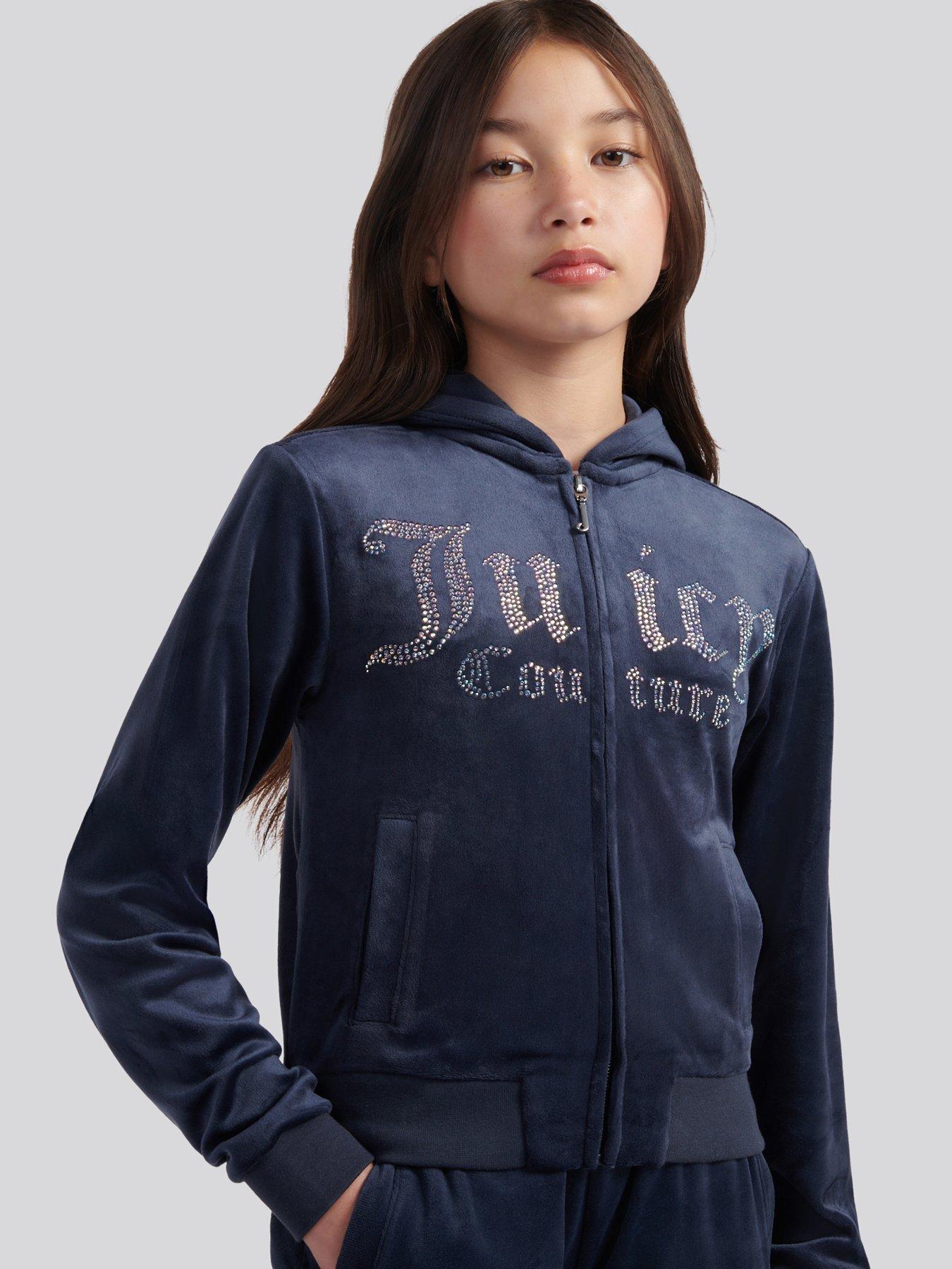 Image 3 of 4 of Juicy Couture Girls Velour Front Diamante Zip Through Hoodie - Navy