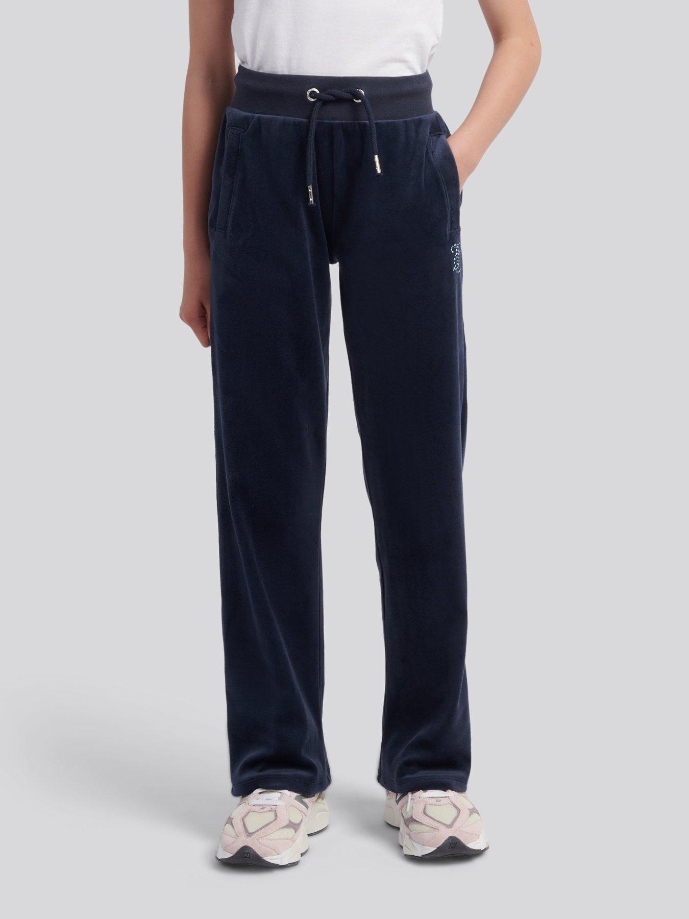 Image 1 of 4 of Juicy Couture Girls Velour Diamante Straight Leg Jogger - Navy