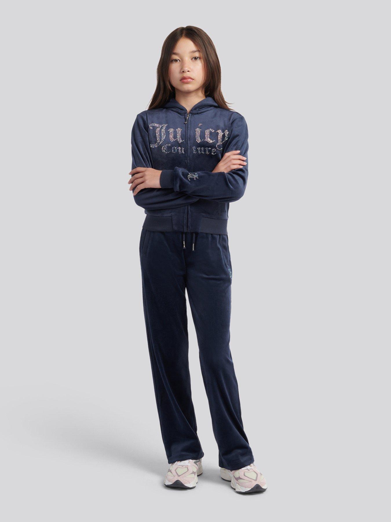 Image 3 of 4 of Juicy Couture Girls Velour Diamante Straight Leg Jogger - Navy