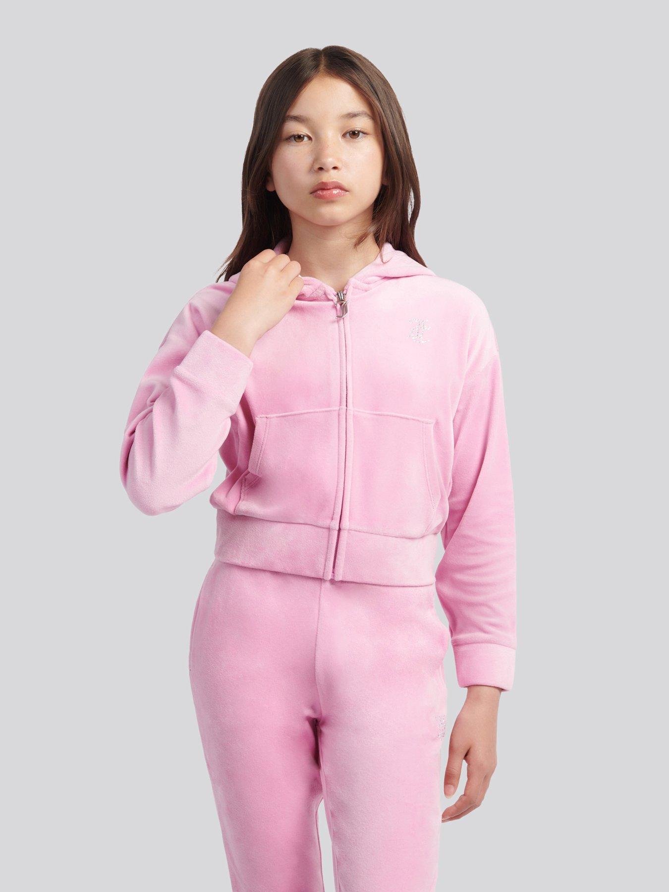 Image 1 of 4 of Juicy Couture Girls Velour Diamante Zip Through Cropped Hoodie - Pink