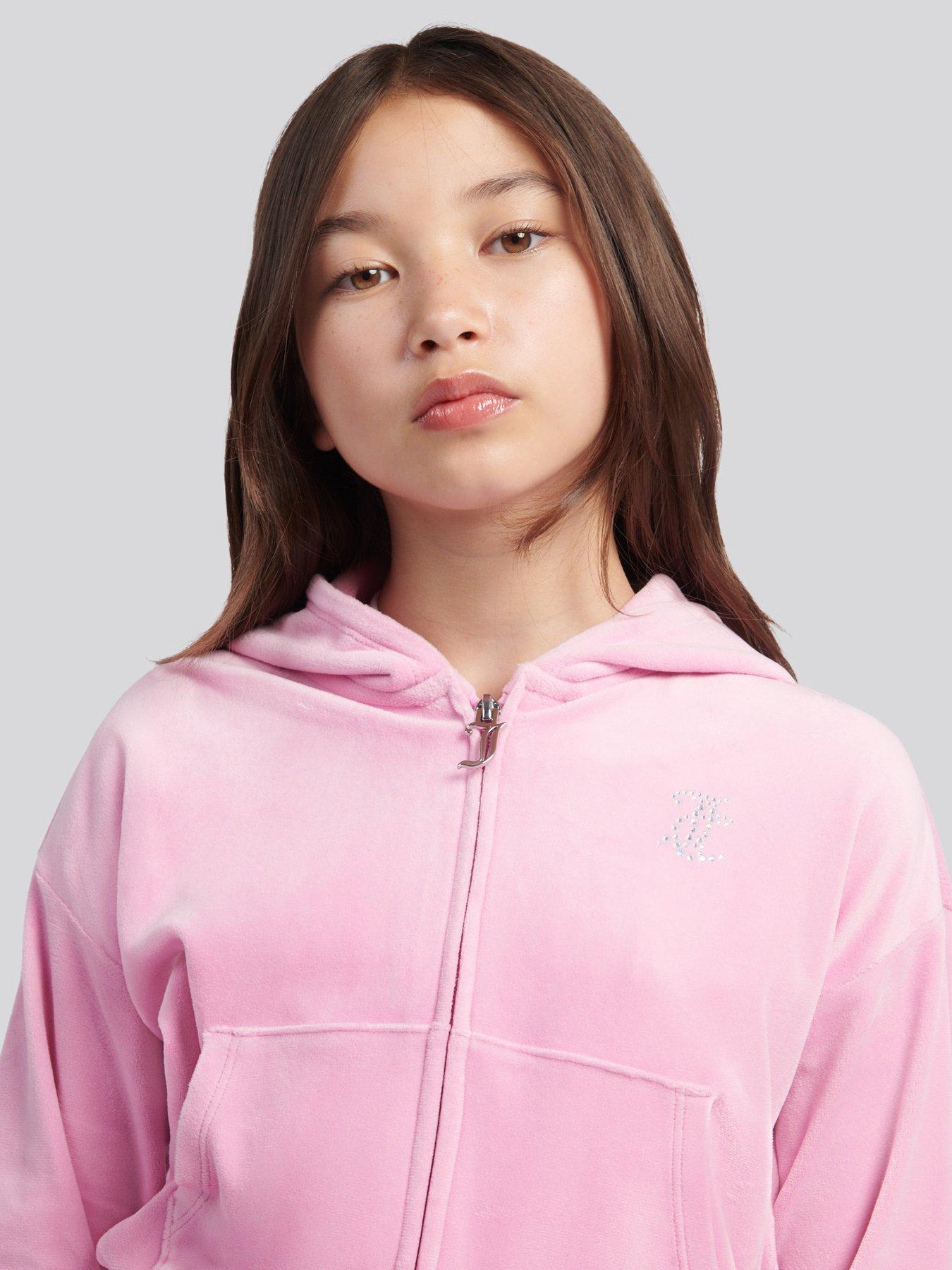 Image 3 of 4 of Juicy Couture Girls Velour Diamante Zip Through Cropped Hoodie - Pink
