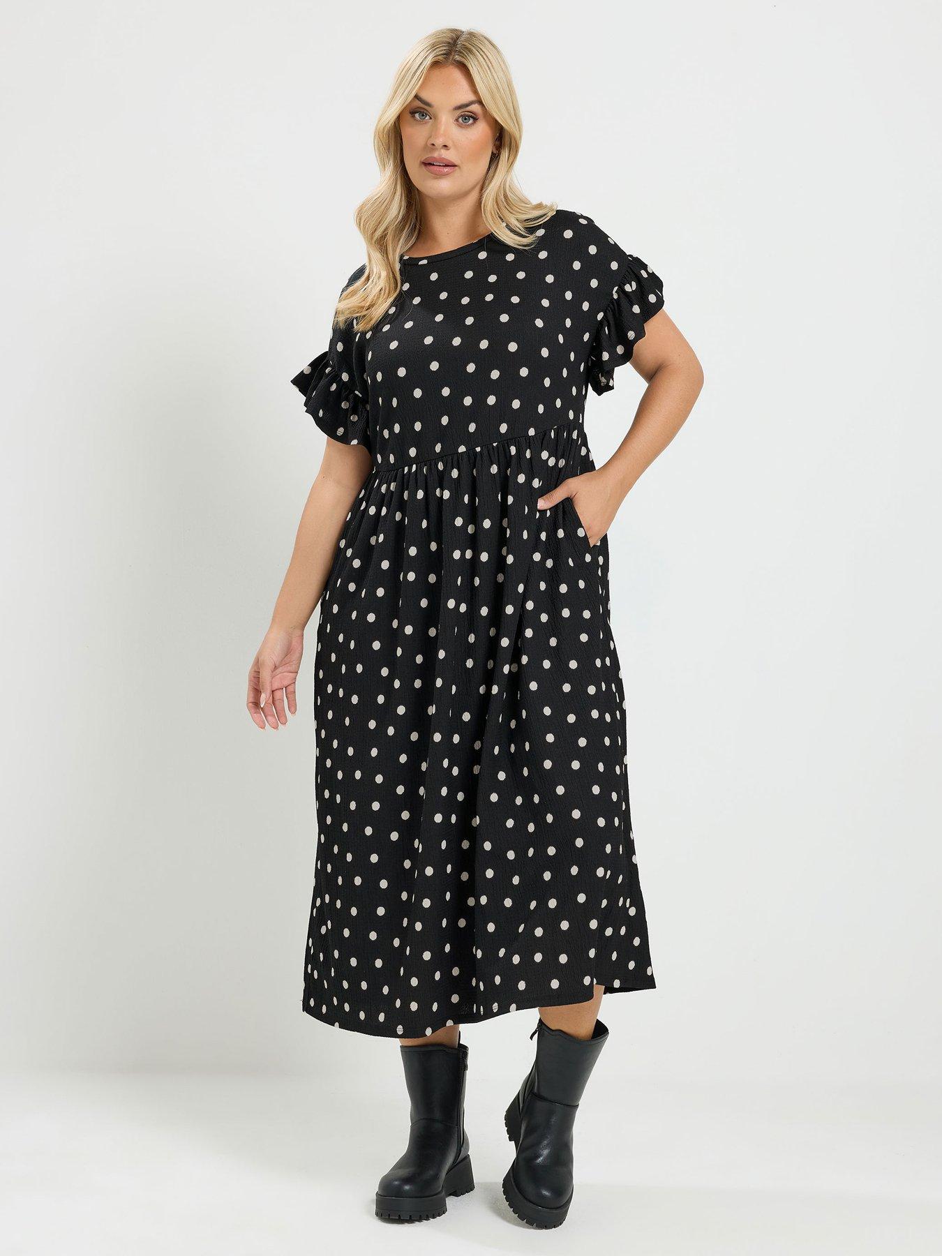 Yours Curve Polka Dot Frill Sleeve Midi Dress - Black