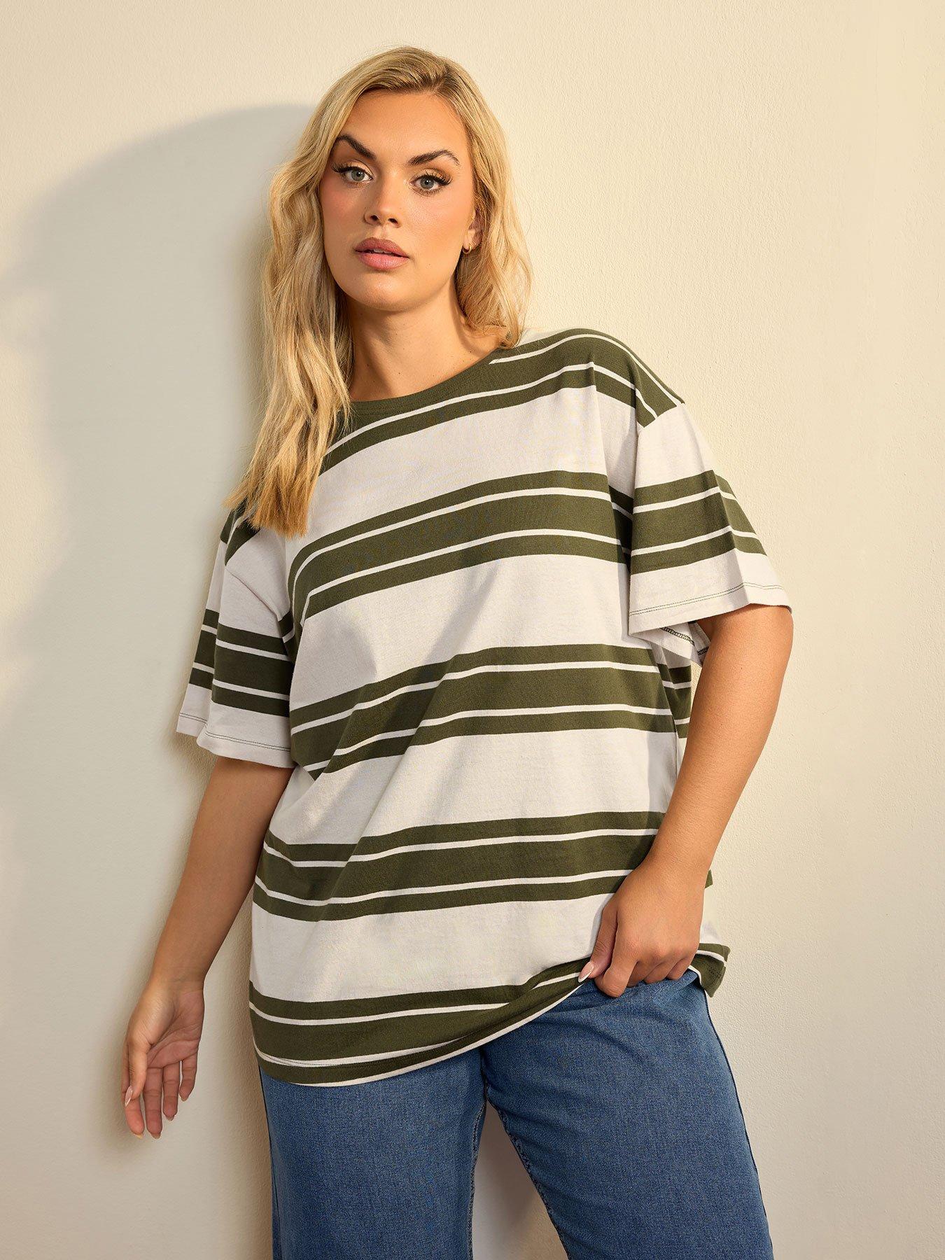 Yours Curve 3/4 Sleeve Stripe T-Shirt - Green