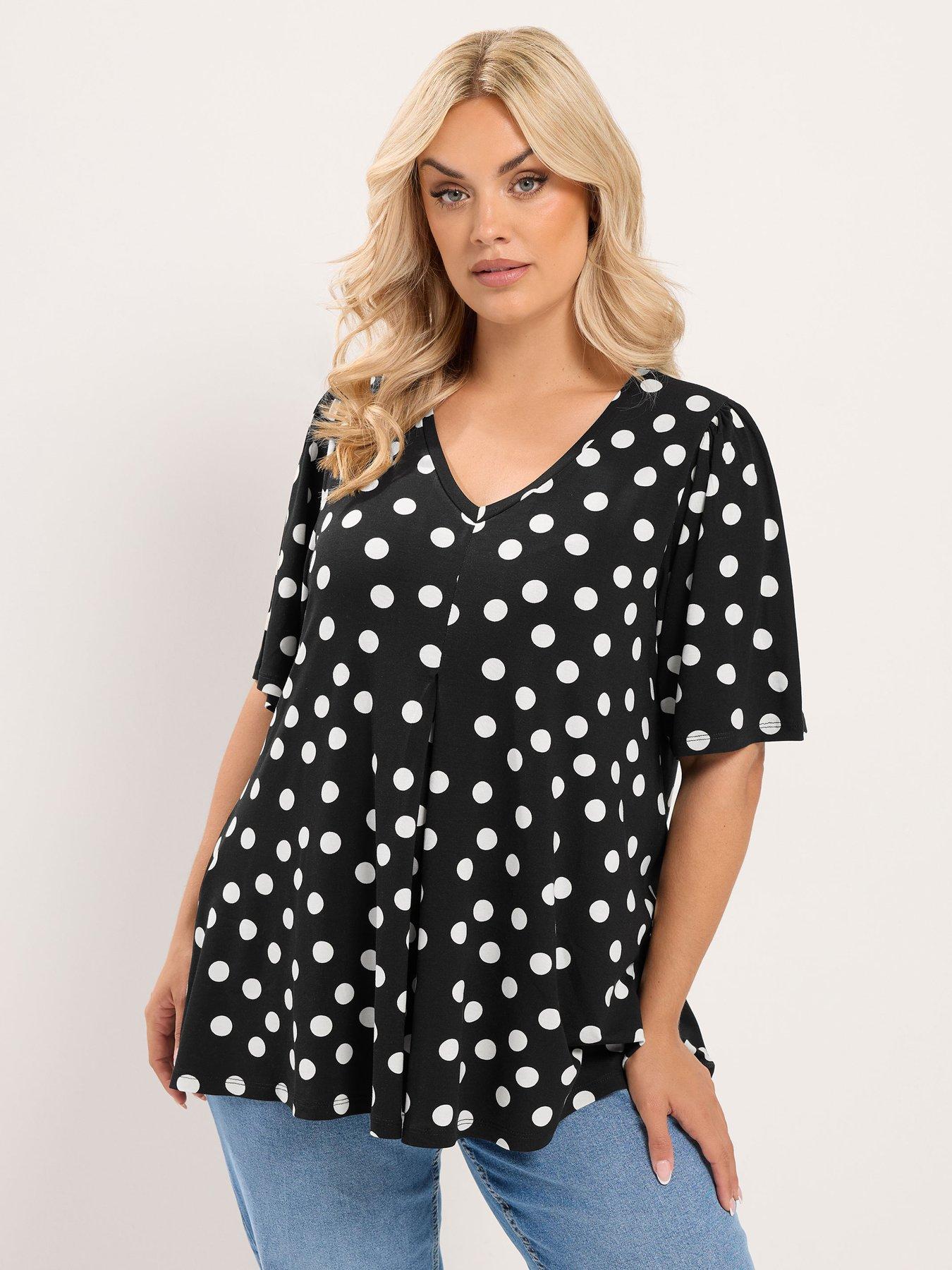 Yours Curve Polka Dot Pleat Front Top - Black