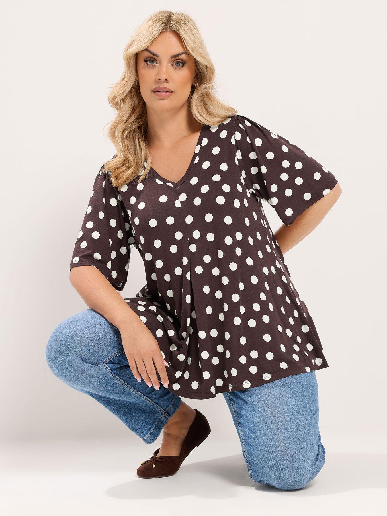 Yours Curve Polka Dot Pleat Front Top - Brown