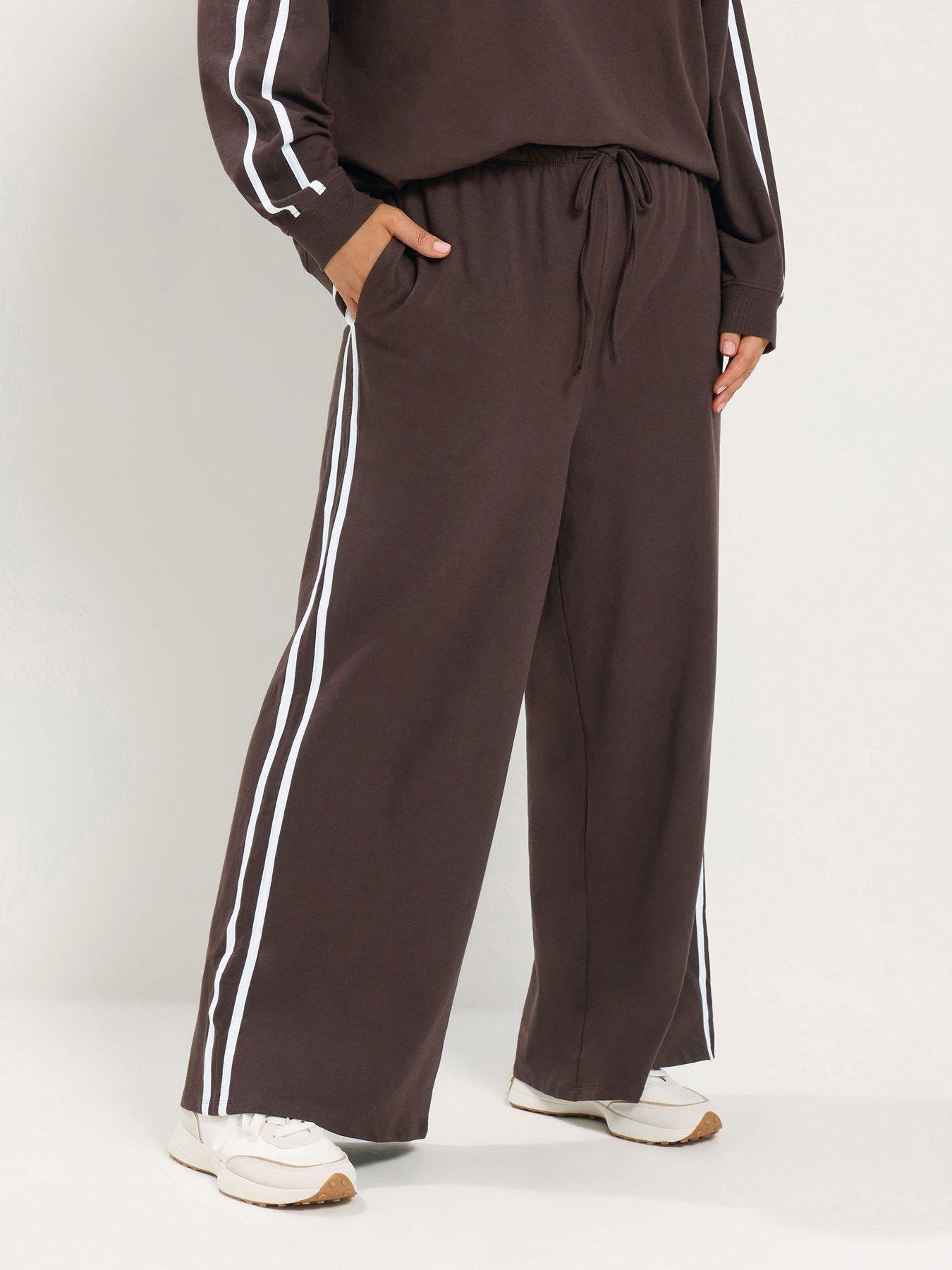 Yours Curve Side Stripe Jersey Wide Leg Trouser 28" - Brown