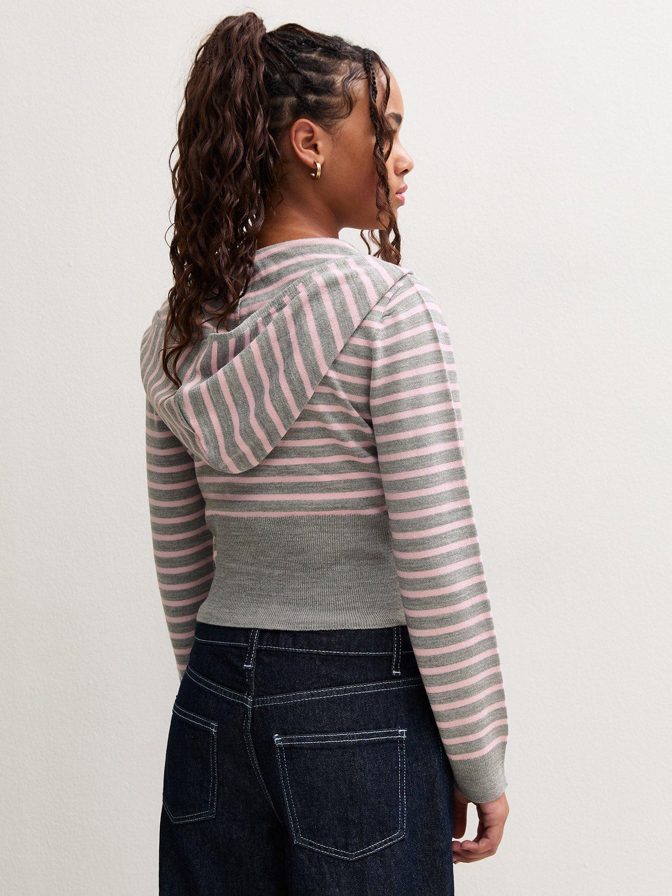 Image 2 of 6 of New Look 915 Girls Grey Stripe Zip Front Knitted Cropped Hoodie