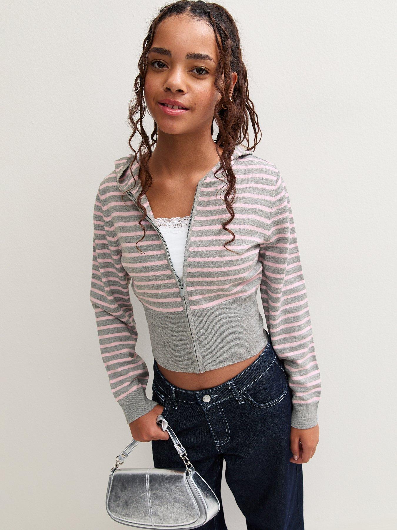 Image 4 of 6 of New Look 915 Girls Grey Stripe Zip Front Knitted Cropped Hoodie