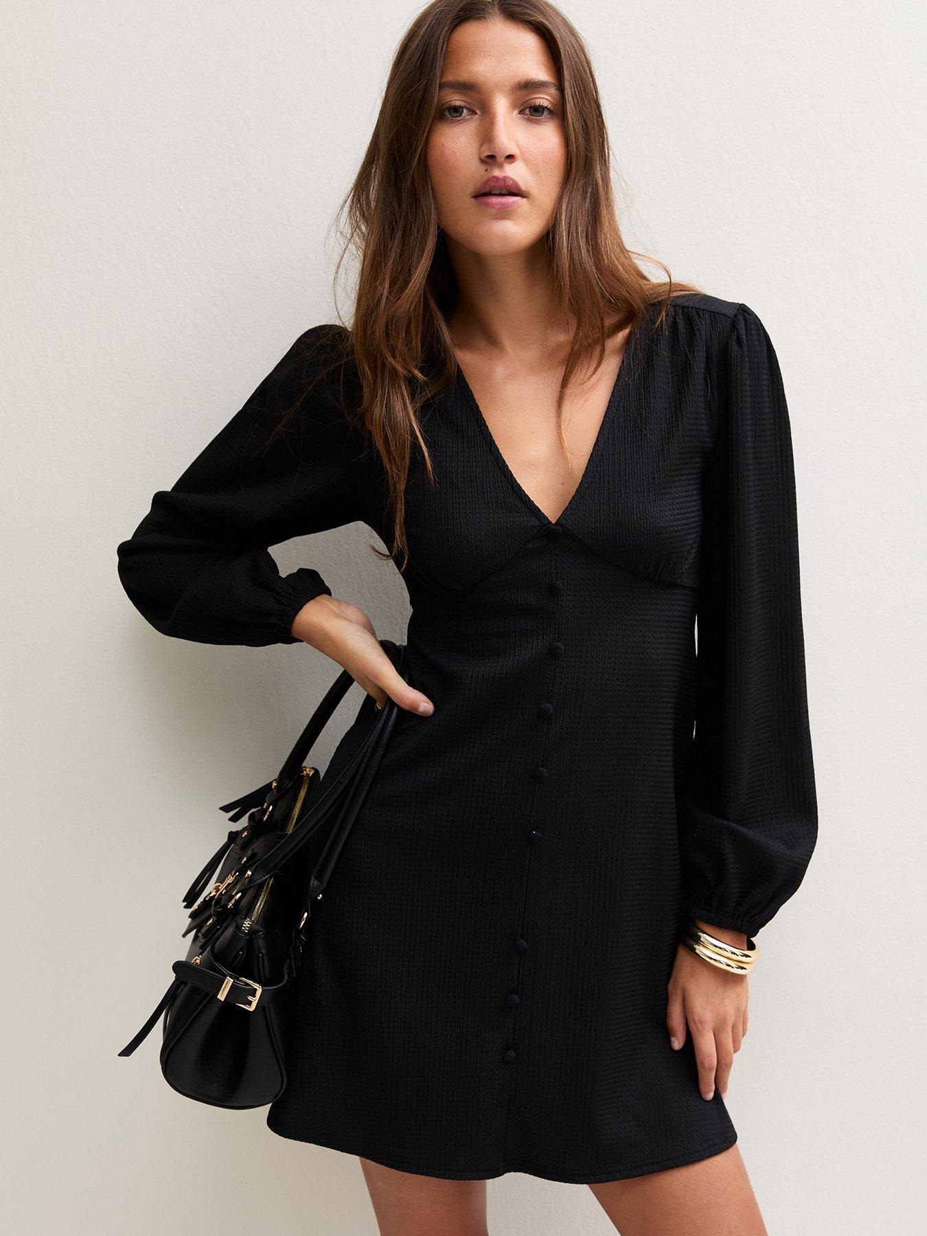 Image 1 of 5 of New Look Womens Crinkle Button Through V-Neck Mini Dress - Black