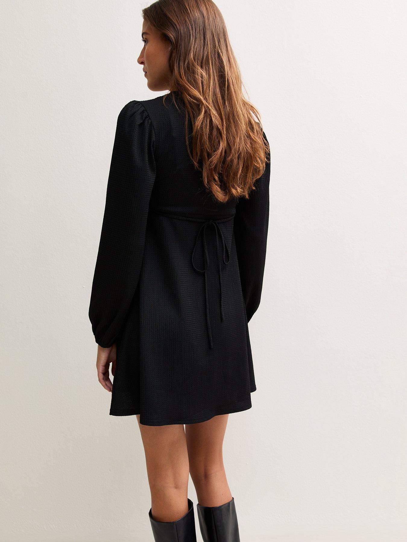 Image 2 of 5 of New Look Womens Crinkle Button Through V-Neck Mini Dress - Black