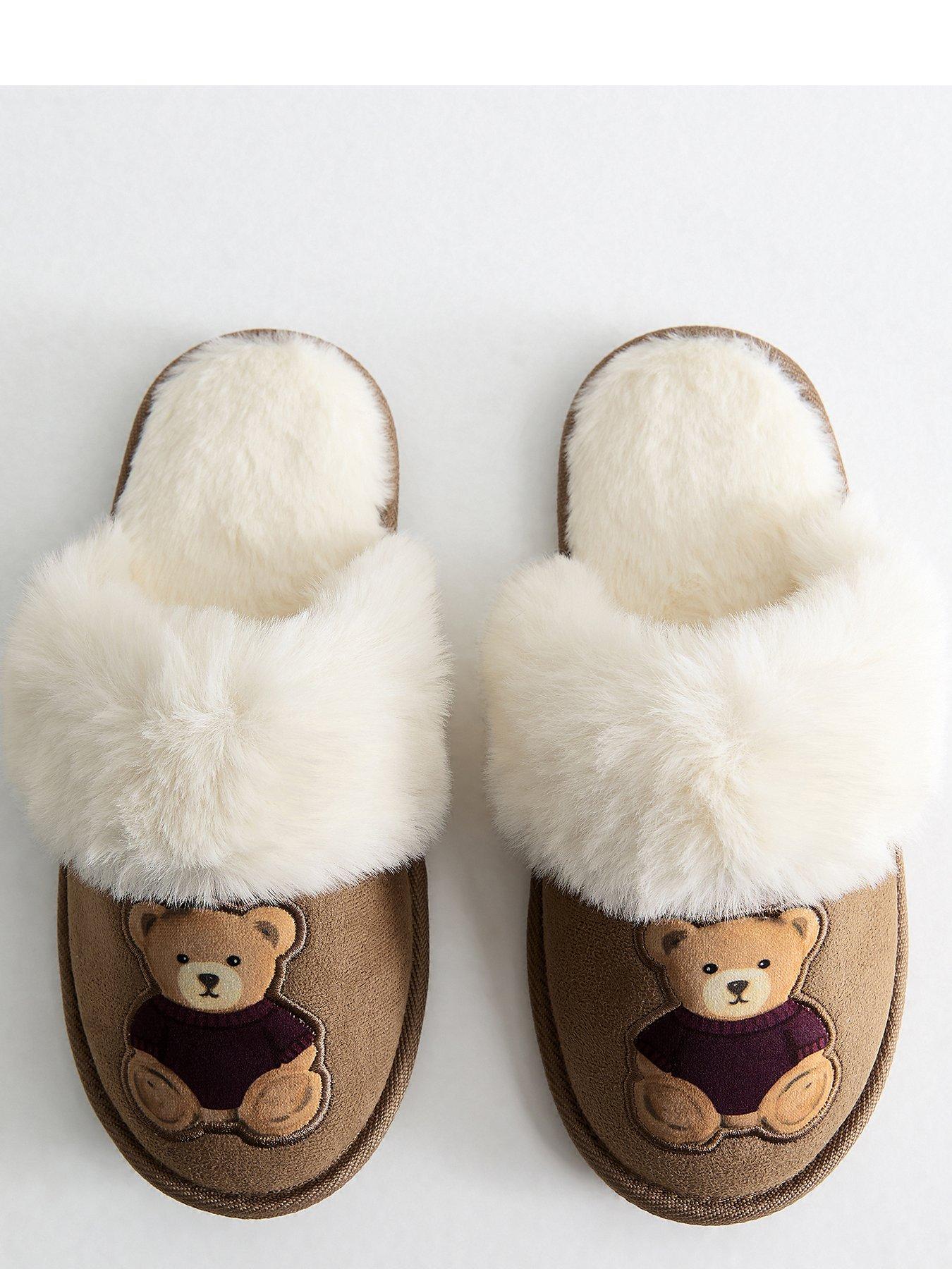 Image 4 of 5 of New Look 915 Girls Teddy Bear Embroidered Faux Fur Mule Slippers - Light Brown