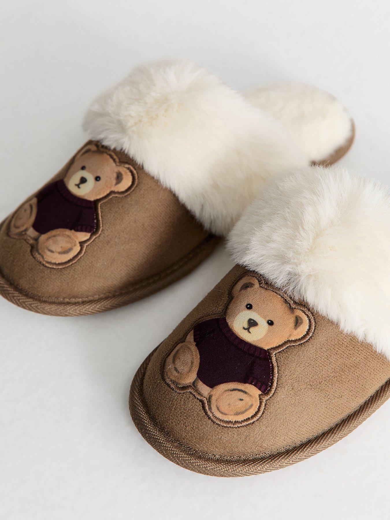 Image 5 of 5 of New Look 915 Girls Teddy Bear Embroidered Faux Fur Mule Slippers - Light Brown