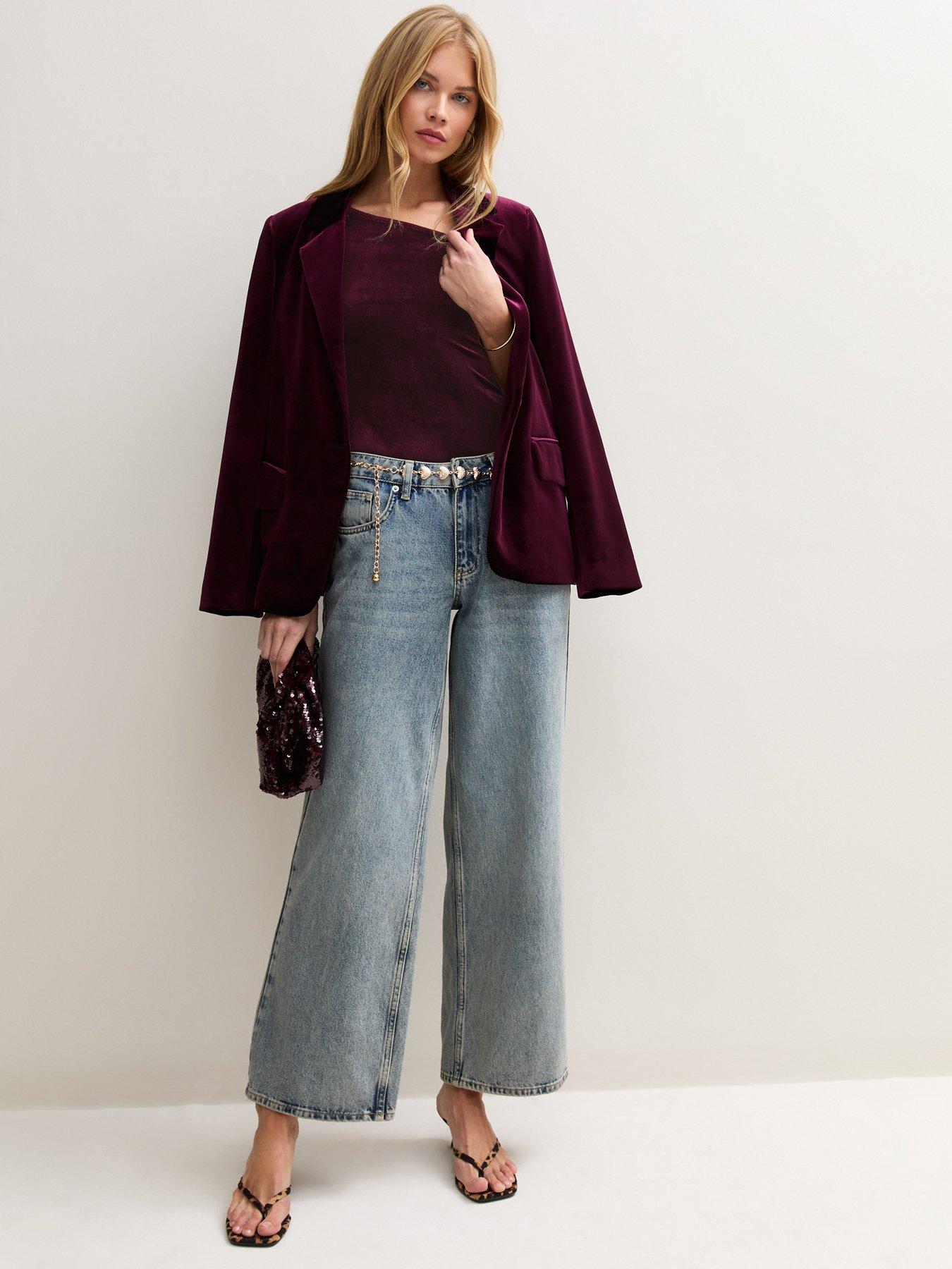 Image 3 of 5 of New Look Womens Dark Burgundy Velvet Fallen Shoulder Bodysuit