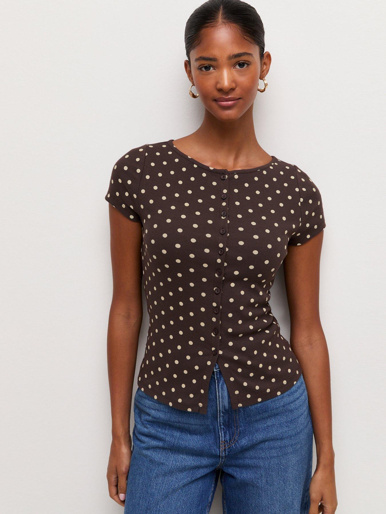 New Look Cotton Rich Spot Print Button Front Top - Brown