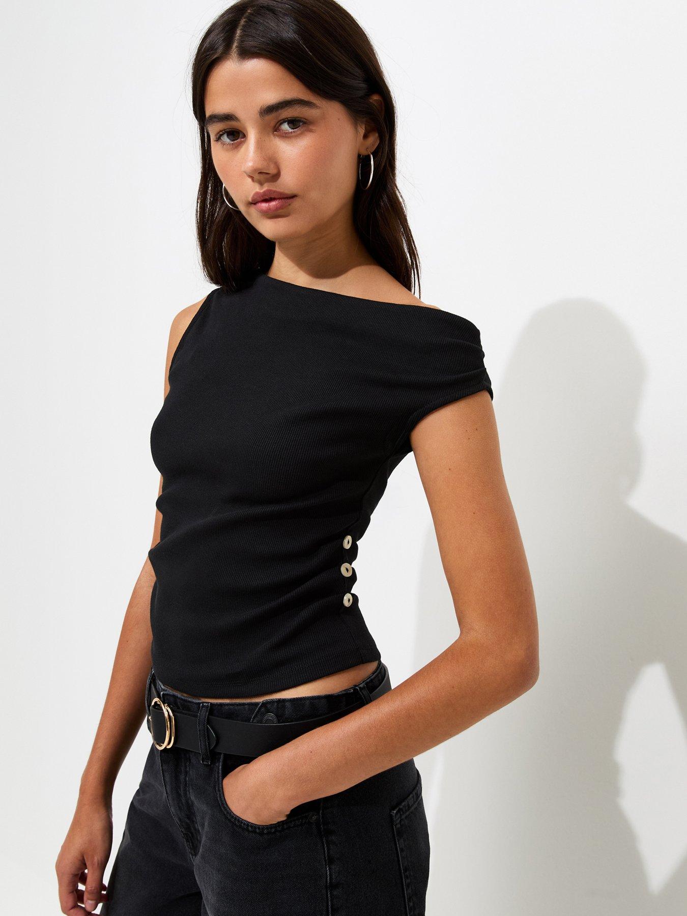 New Look Off The Shoulder Side Button Ribbed Tank Top - Black