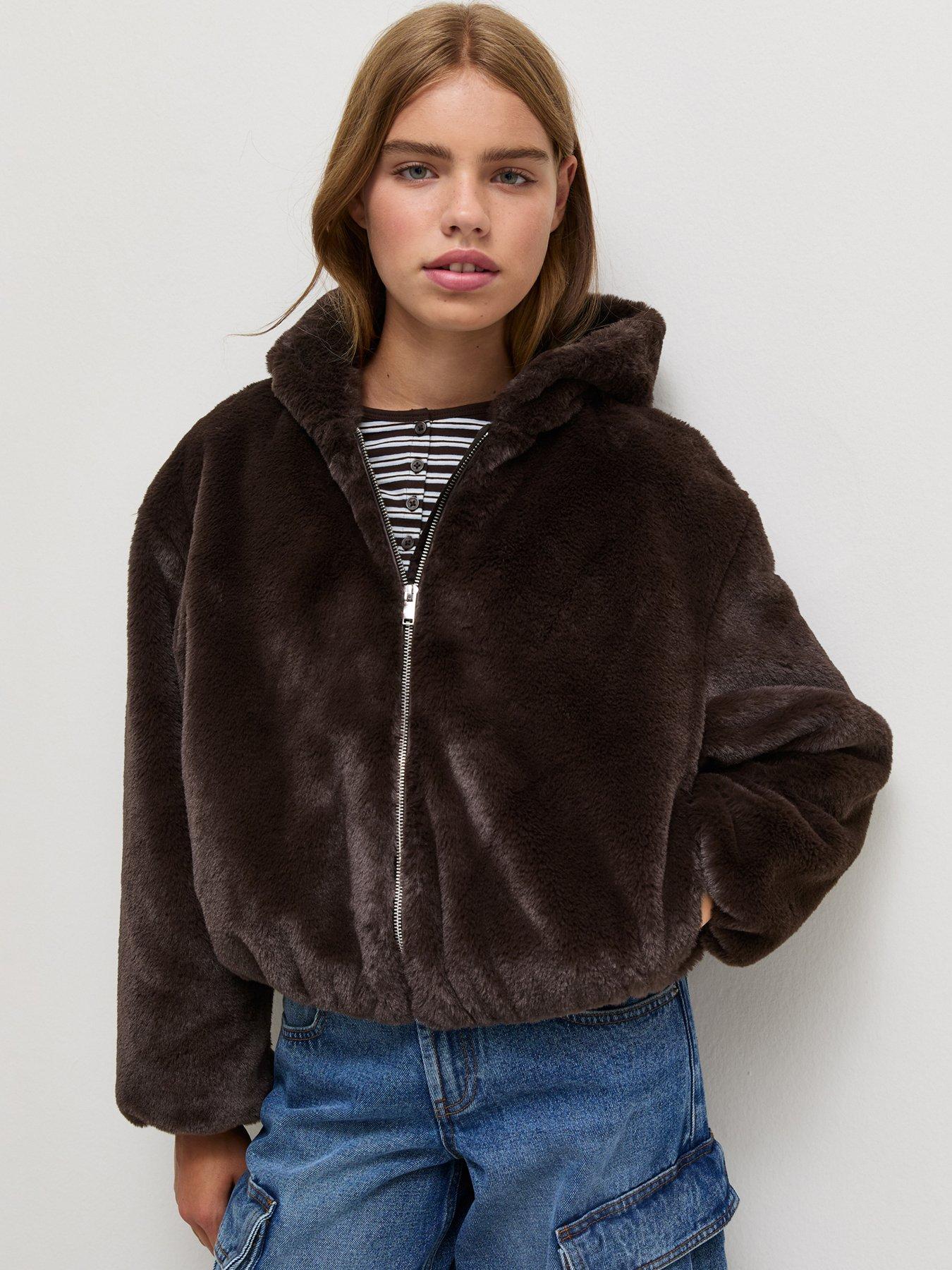 Image 1 of 6 of New Look 915 Girls Dark Brown Faux Fur Bomber Jacket