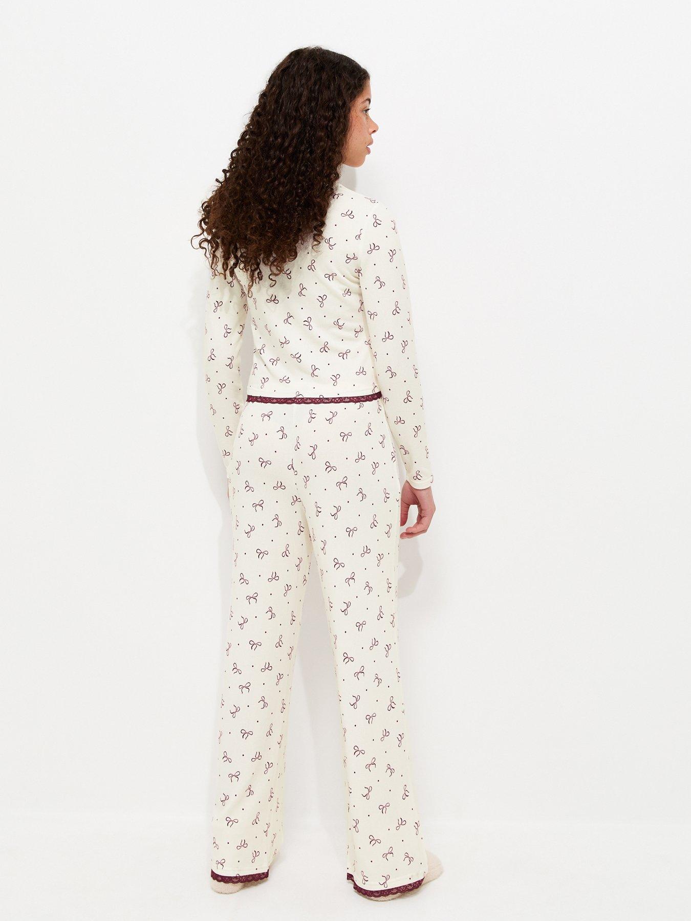 Image 2 of 5 of New Look 915 Girls Ribbed Lace Trim Bow Print Pyjama Set - Cream