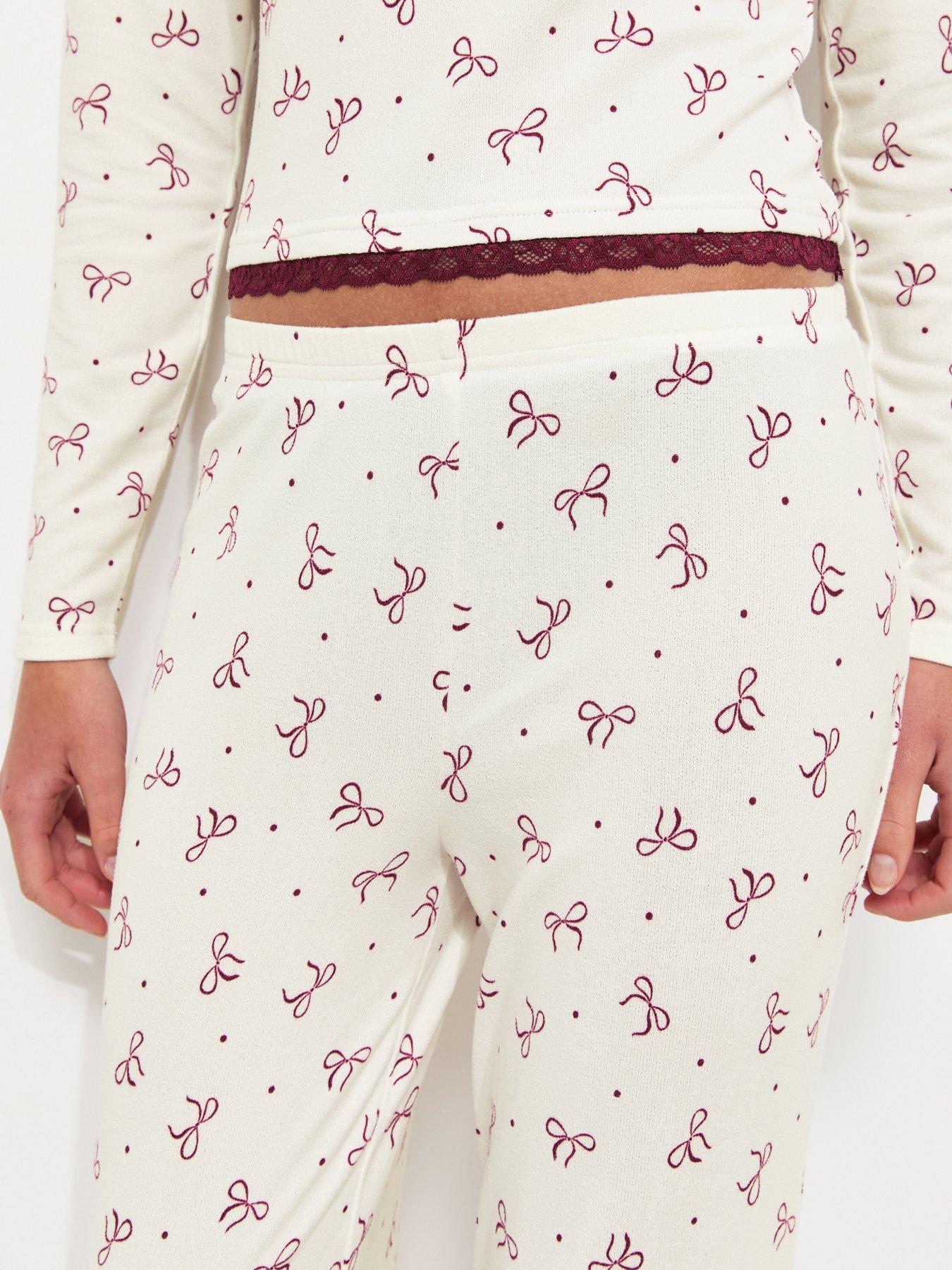 Image 4 of 5 of New Look 915 Girls Ribbed Lace Trim Bow Print Pyjama Set - Cream