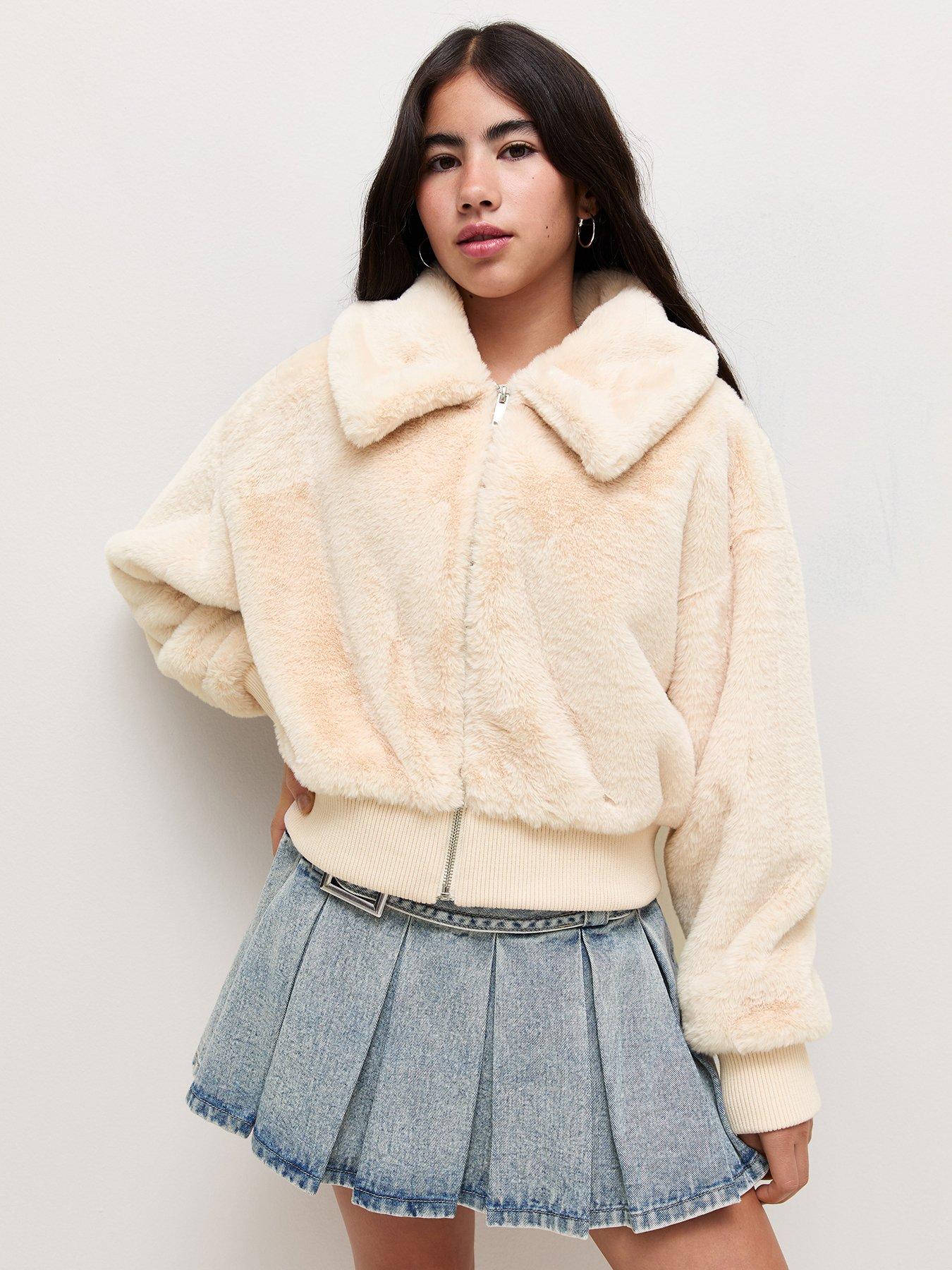 Image 1 of 6 of New Look 915 Girls Off White Faux Fur Zip Through Jacket