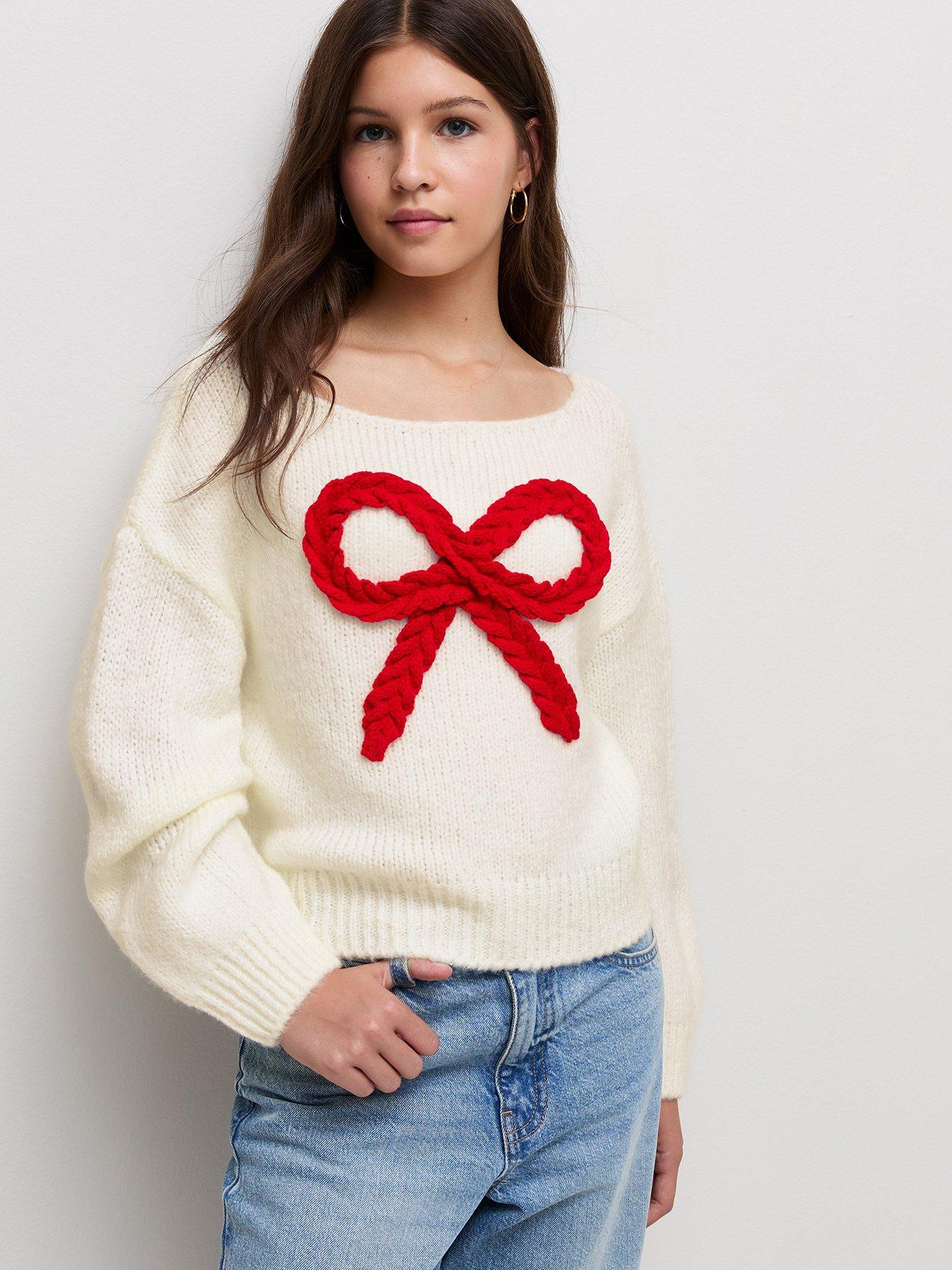 Image 1 of 6 of New Look 915 Girls Cream Plaited Bow Knitted Jumper
