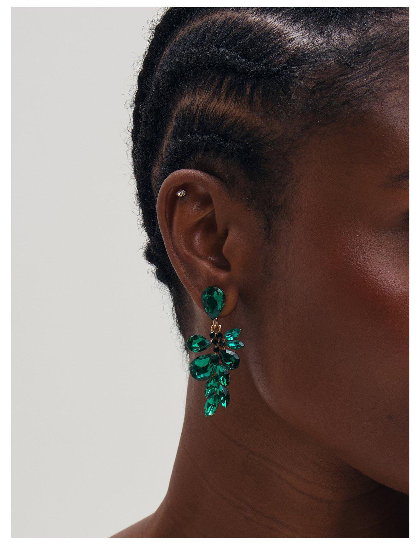 Image 1 of 2 of Mood Mood Gold Plated And Emerald Leaf Statement Earrings