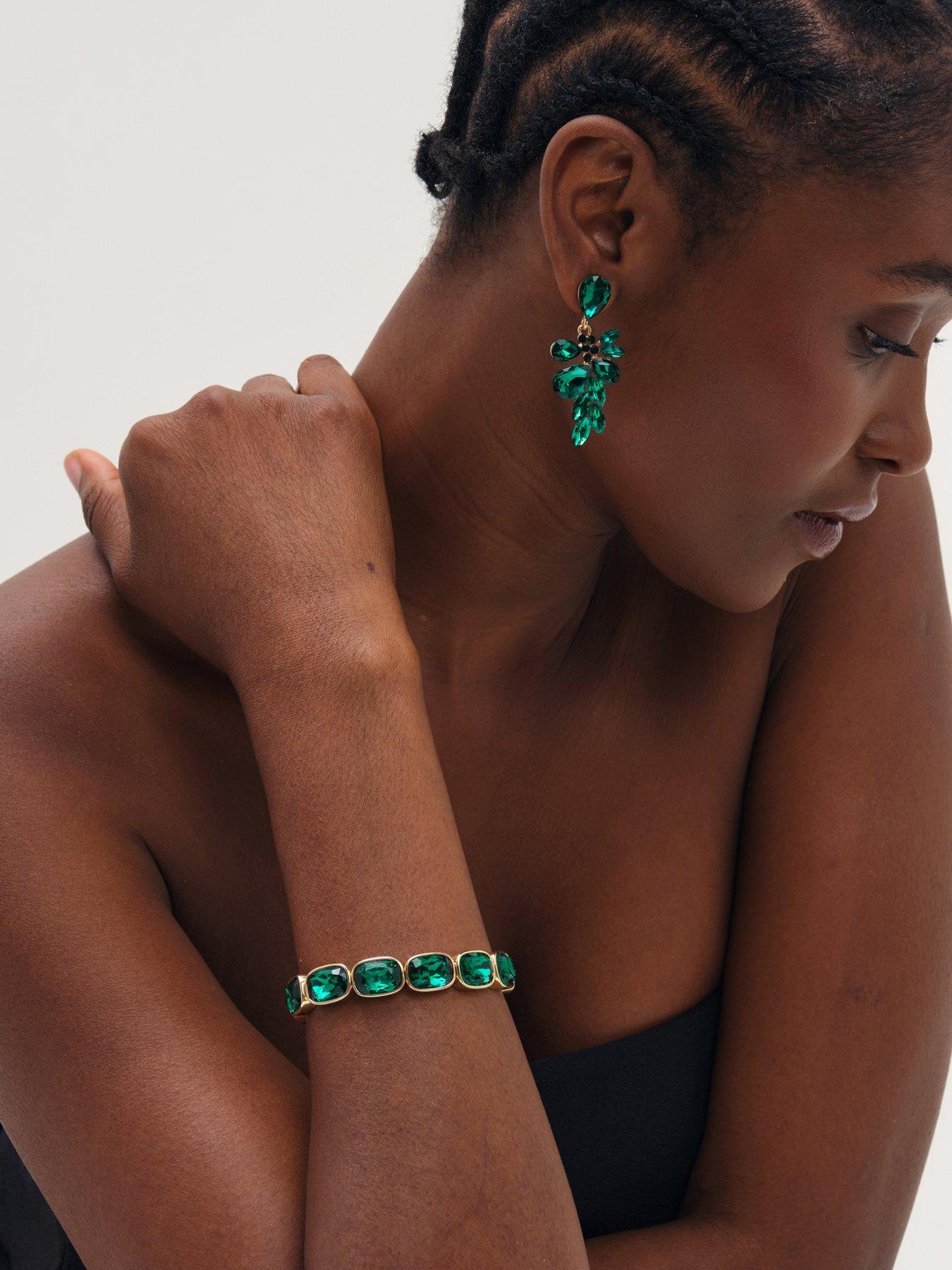 Image 2 of 2 of Mood Mood Gold Plated And Emerald Leaf Statement Earrings