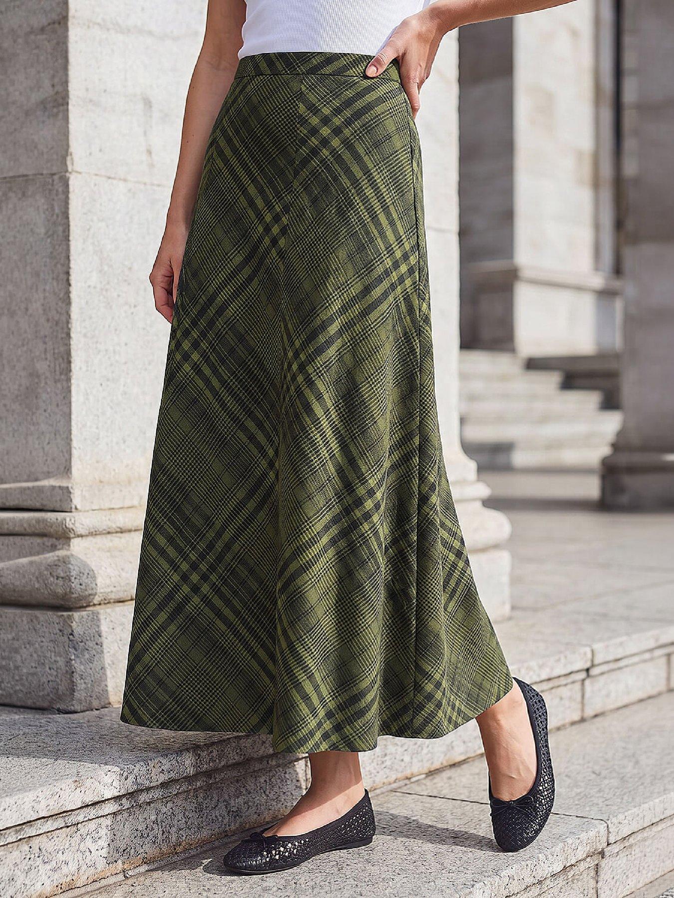 Roman Print Check Midi Skirt