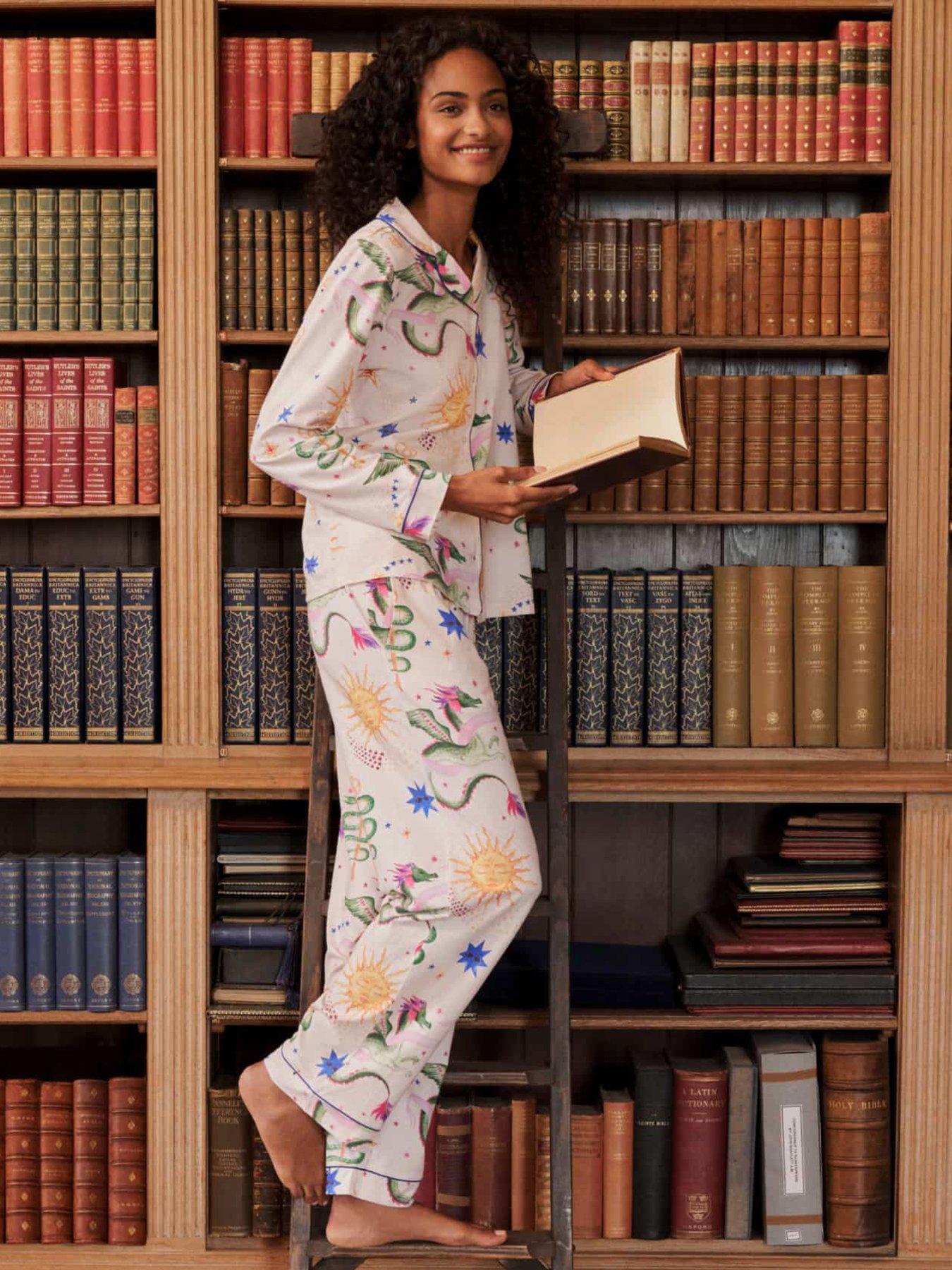 CHELSEA PEERS Chelsea Peers Organic Cotton Mythical Dragon Print Long Pyjama Set - Off White