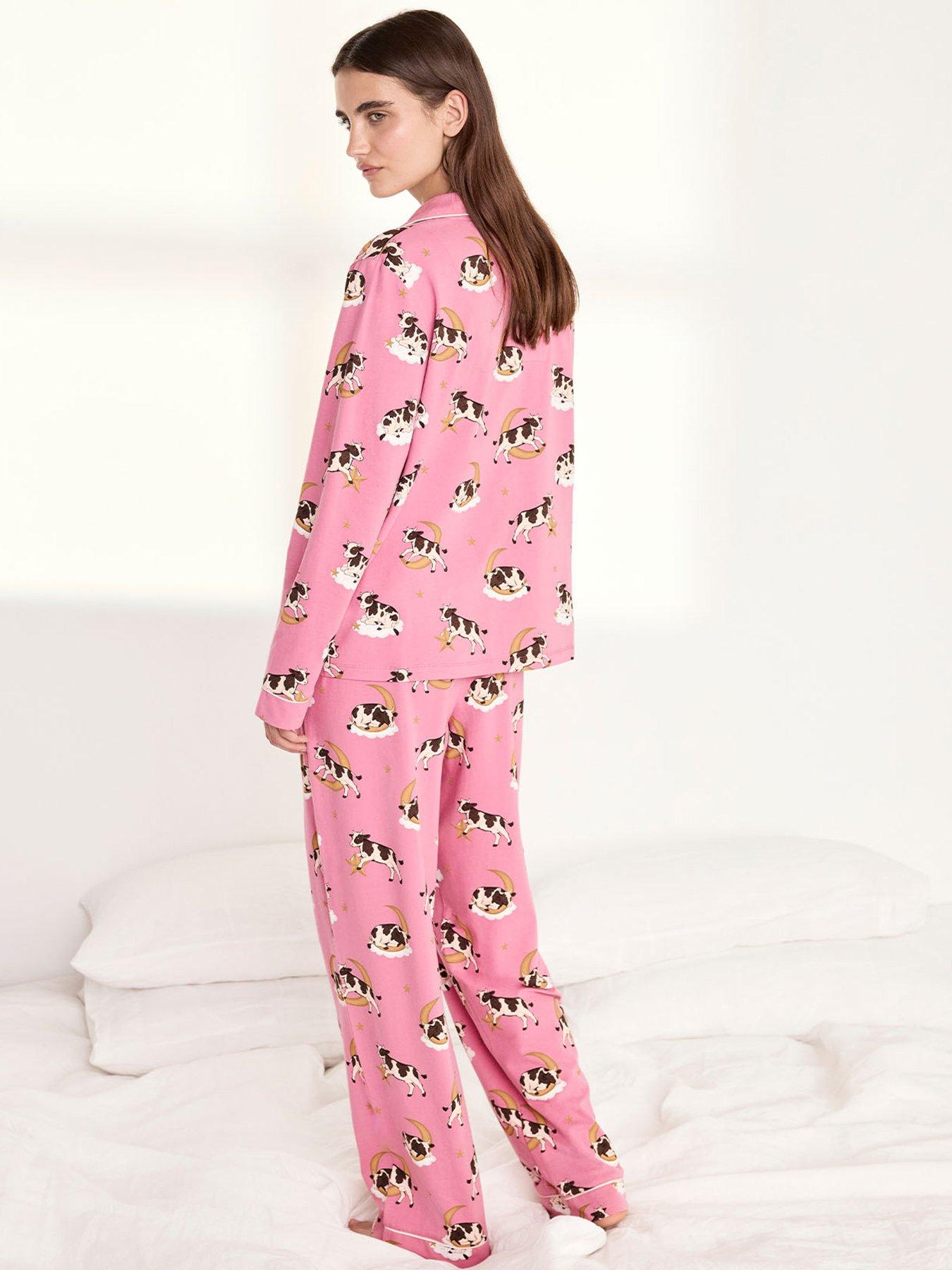 Image 2 of 6 of CHELSEA PEERS Cotton Cosmic Cow Print Long Pyjama Set - Pink