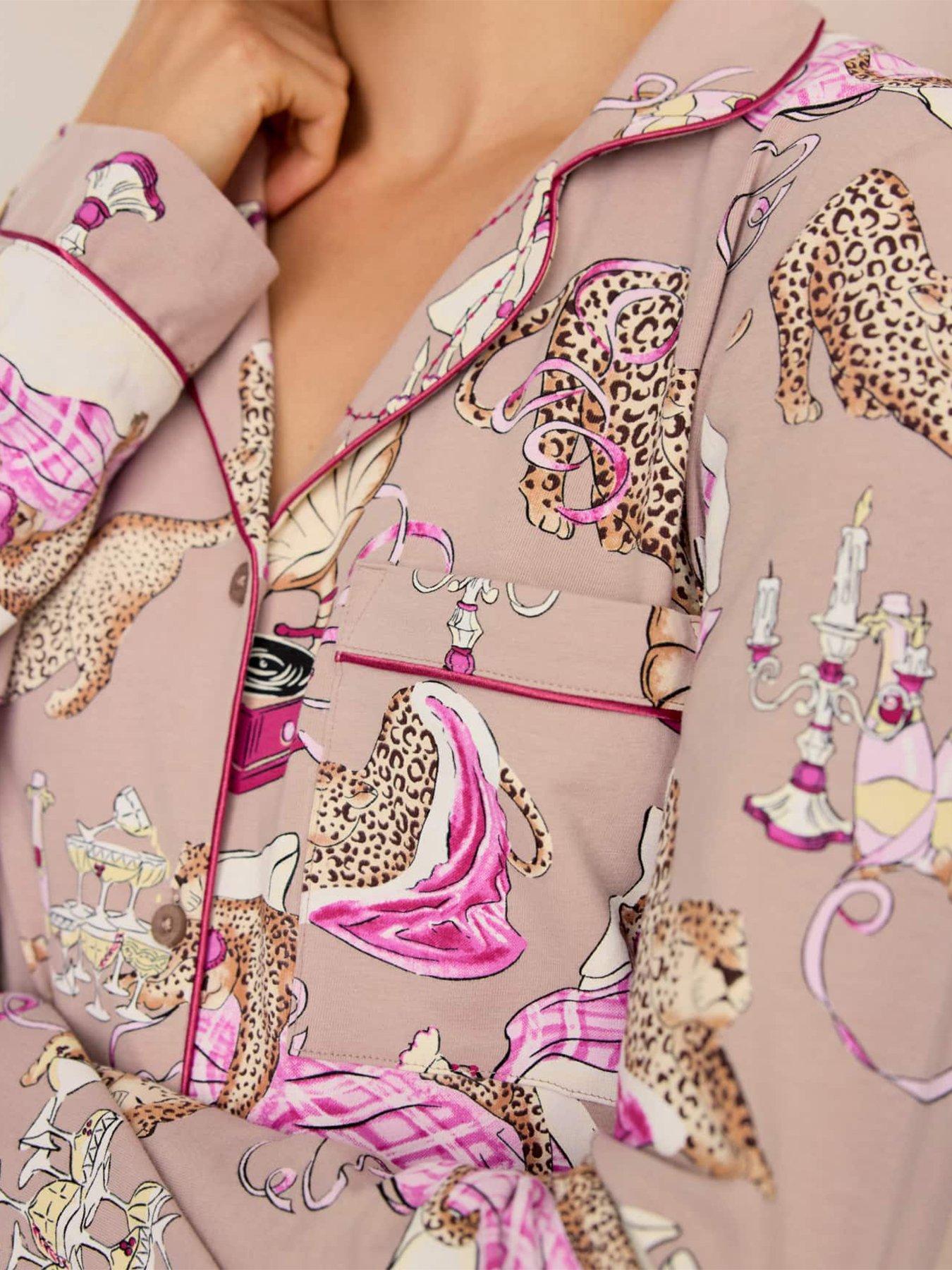 Image 4 of 6 of CHELSEA PEERS Cotton Leopard After Party Print Long Pyjama Set - Camel