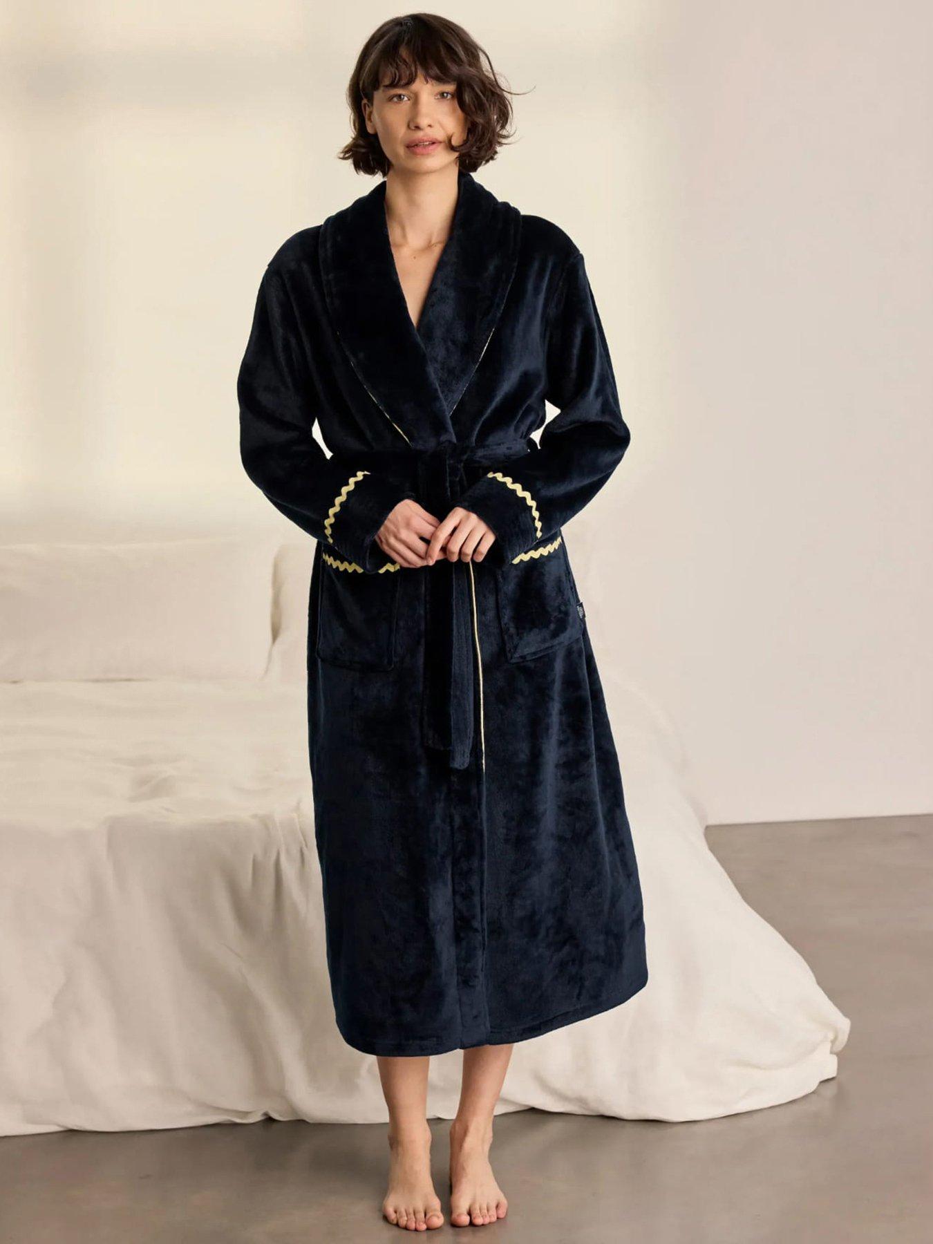 Image 1 of 6 of CHELSEA PEERS Chelsea Peers Fleece Embroidered Good Night Long Dressing Gown - Navy