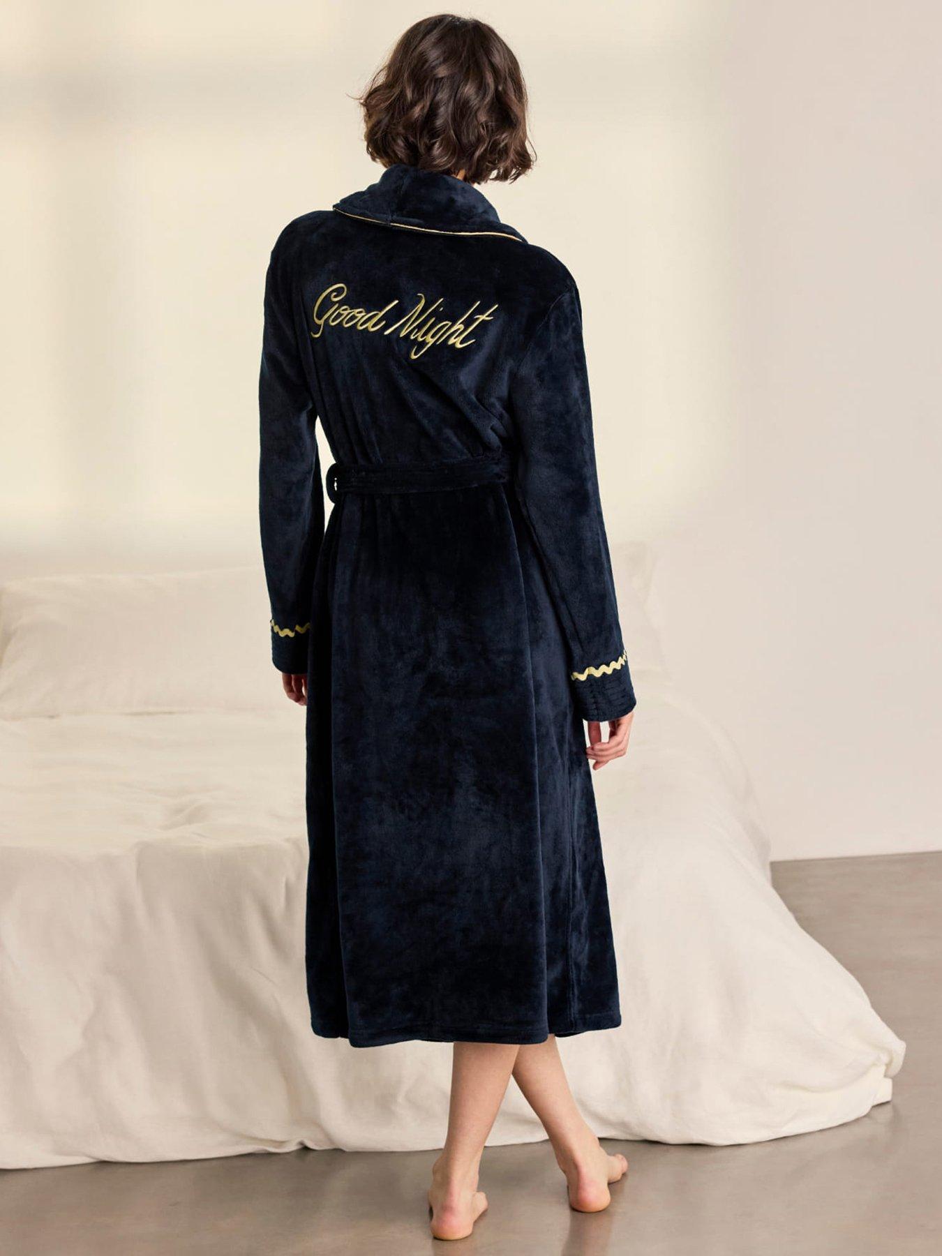 Image 2 of 6 of CHELSEA PEERS Chelsea Peers Fleece Embroidered Good Night Long Dressing Gown - Navy