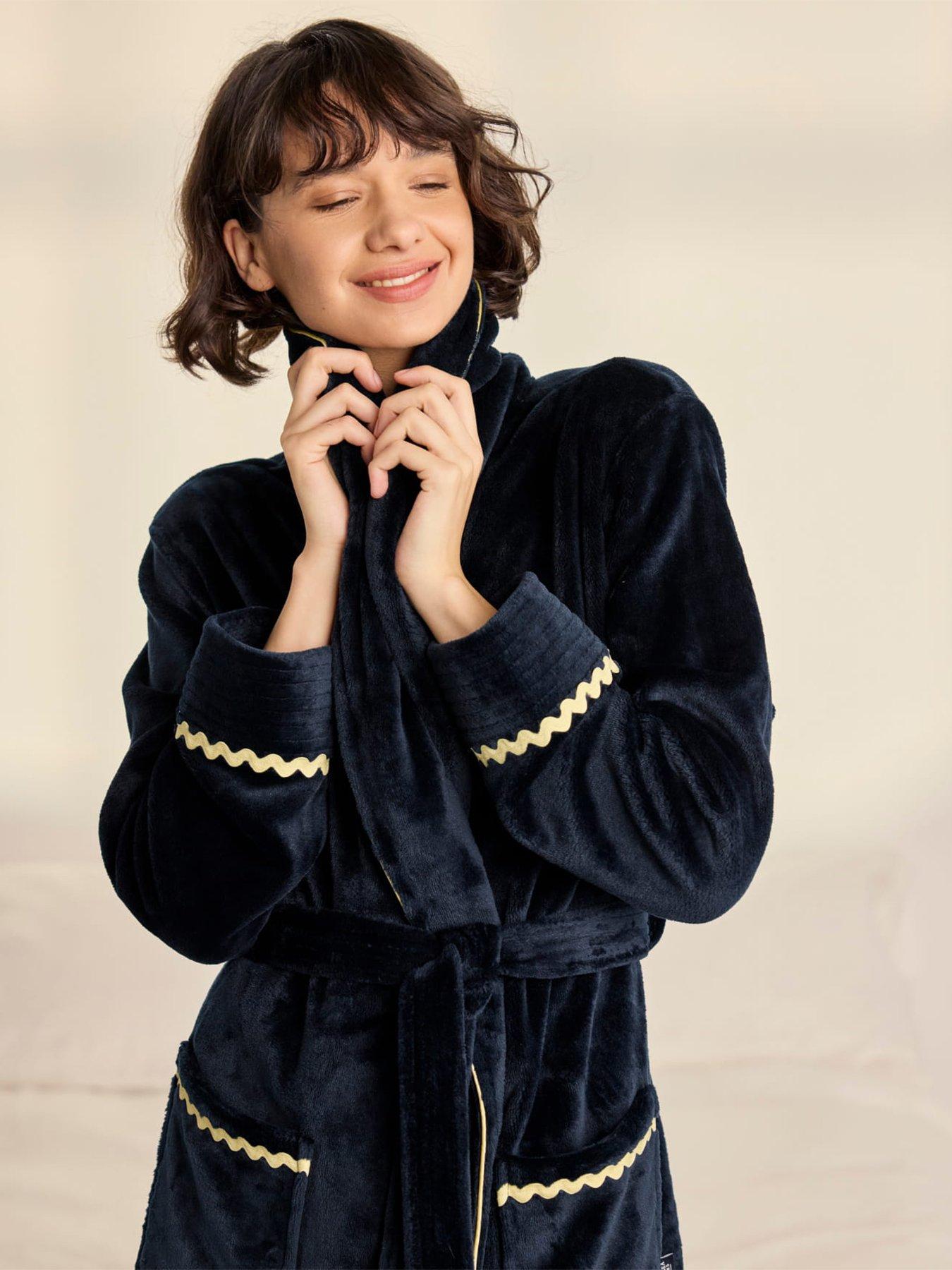 Image 3 of 6 of CHELSEA PEERS Chelsea Peers Fleece Embroidered Good Night Long Dressing Gown - Navy