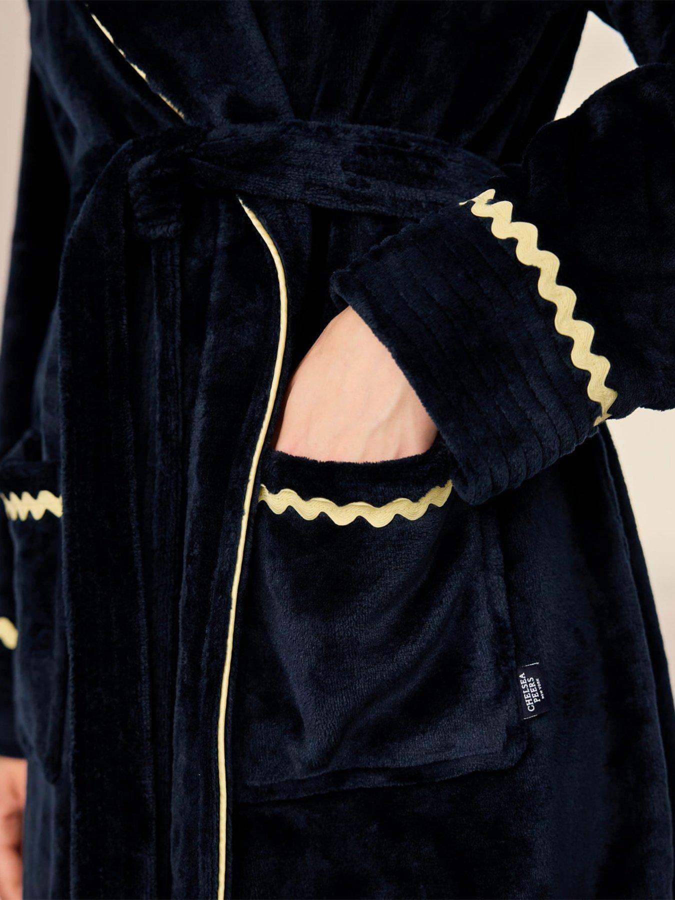 Image 4 of 6 of CHELSEA PEERS Chelsea Peers Fleece Embroidered Good Night Long Dressing Gown - Navy