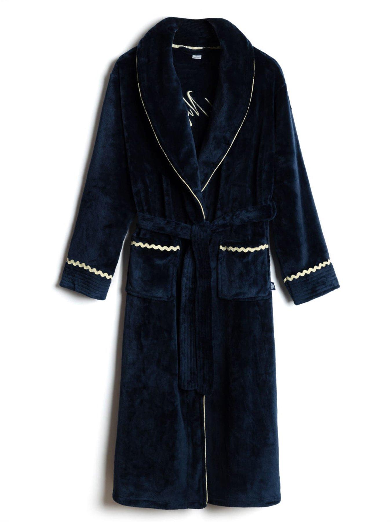Image 5 of 6 of CHELSEA PEERS Chelsea Peers Fleece Embroidered Good Night Long Dressing Gown - Navy